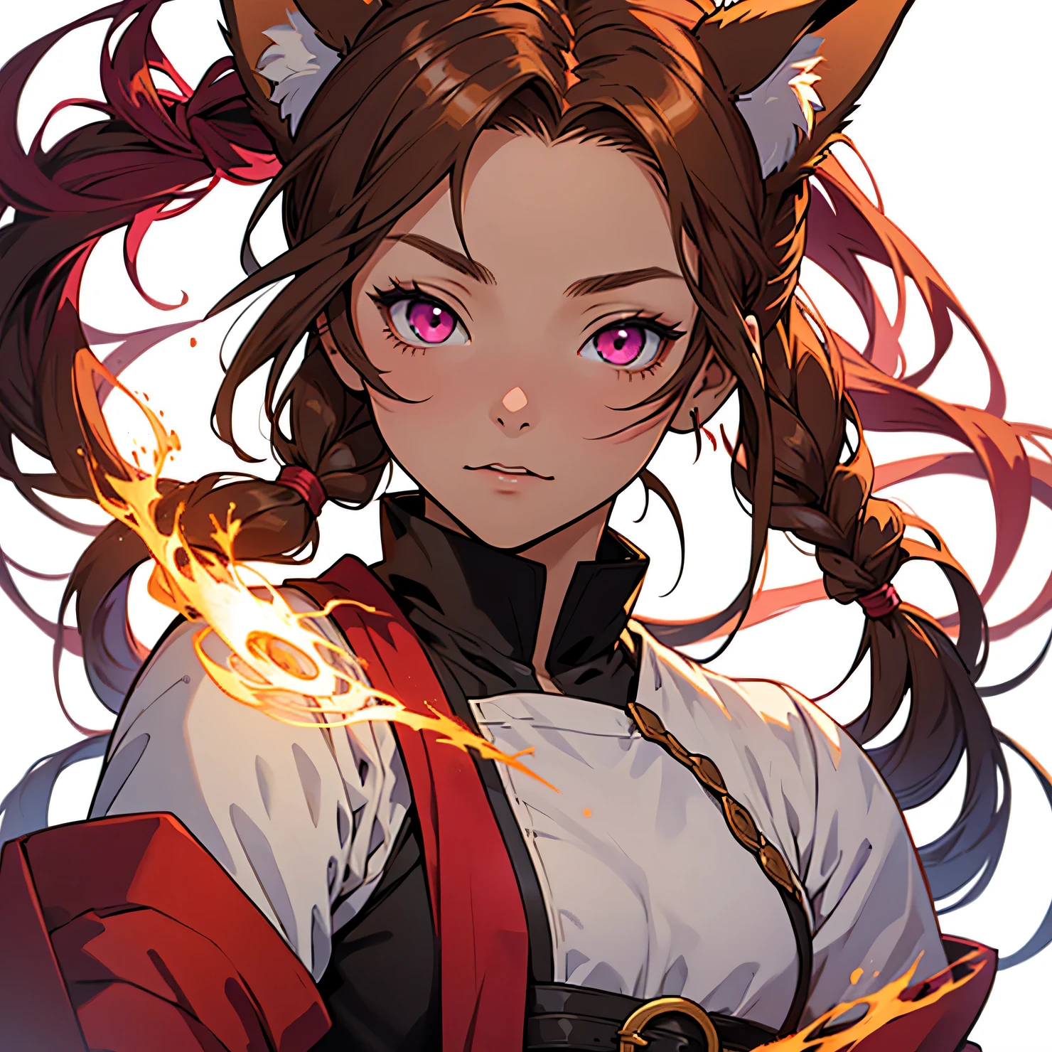medieval anime art, masterpiece, best quality, by professional artist, female, solo, upper body portrait, detailed composition, detailed eyes, (((white background))), bright brown hair, pigtail braids, 2 fox ears, magenta, eyes, wearing red and yellow sorcerer clothes, fire mage, small, young