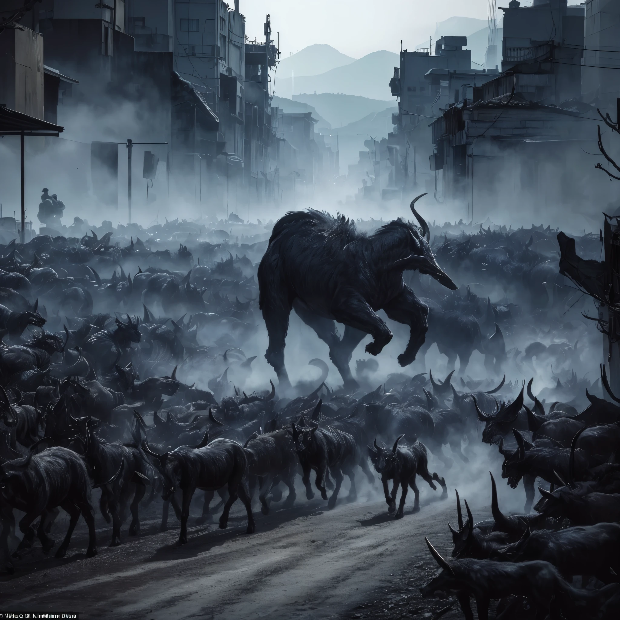 view of the rural area of the city, seen from far away, infinite legion of black quadrupeds running down the street, scary and shadowy creatures, uniform mass of monsters together, running in packs, large crowd