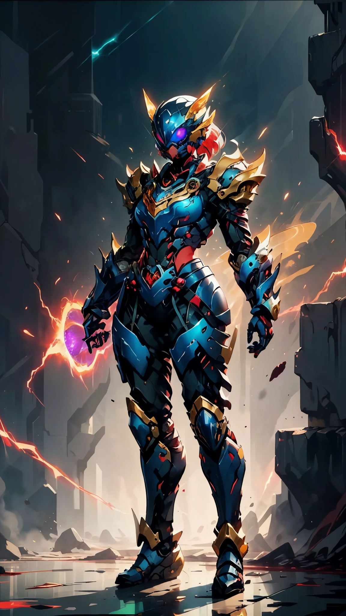 A woman adorned in fantasy-style full-body armor, a crown-concept fully enclosed helmet that unveils only her eyes, a composite layered chest plate, fully encompassing shoulder and hand guards, a lightweight waist armor, form-fitting shin guards, the overall design is heavy-duty yet flexible, ((the armor gleams with a golden glow, complemented by red and blue accents)), exhibiting a noble aura, she floats above a fantasy-surreal high-tech city, this character embodies a finely crafted fantasy-surreal style armored hero in anime style, exquisite and mature manga art style, (mixture of Queen bee and Spider concept Armor, plasma, blood), ((Element, energy, elegant, goddess, femminine:1.5)), metallic, high definition, best quality, highres, ultra-detailed, ultra-fine painting, extremely delicate, professional, anatomically correct, symmetrical face, extremely detailed eyes and face, high quality eyes, creativity, RAW photo, UHD, 32k, Natural light, cinematic lighting, masterpiece-anatomy-perfect, masterpiece:1.5