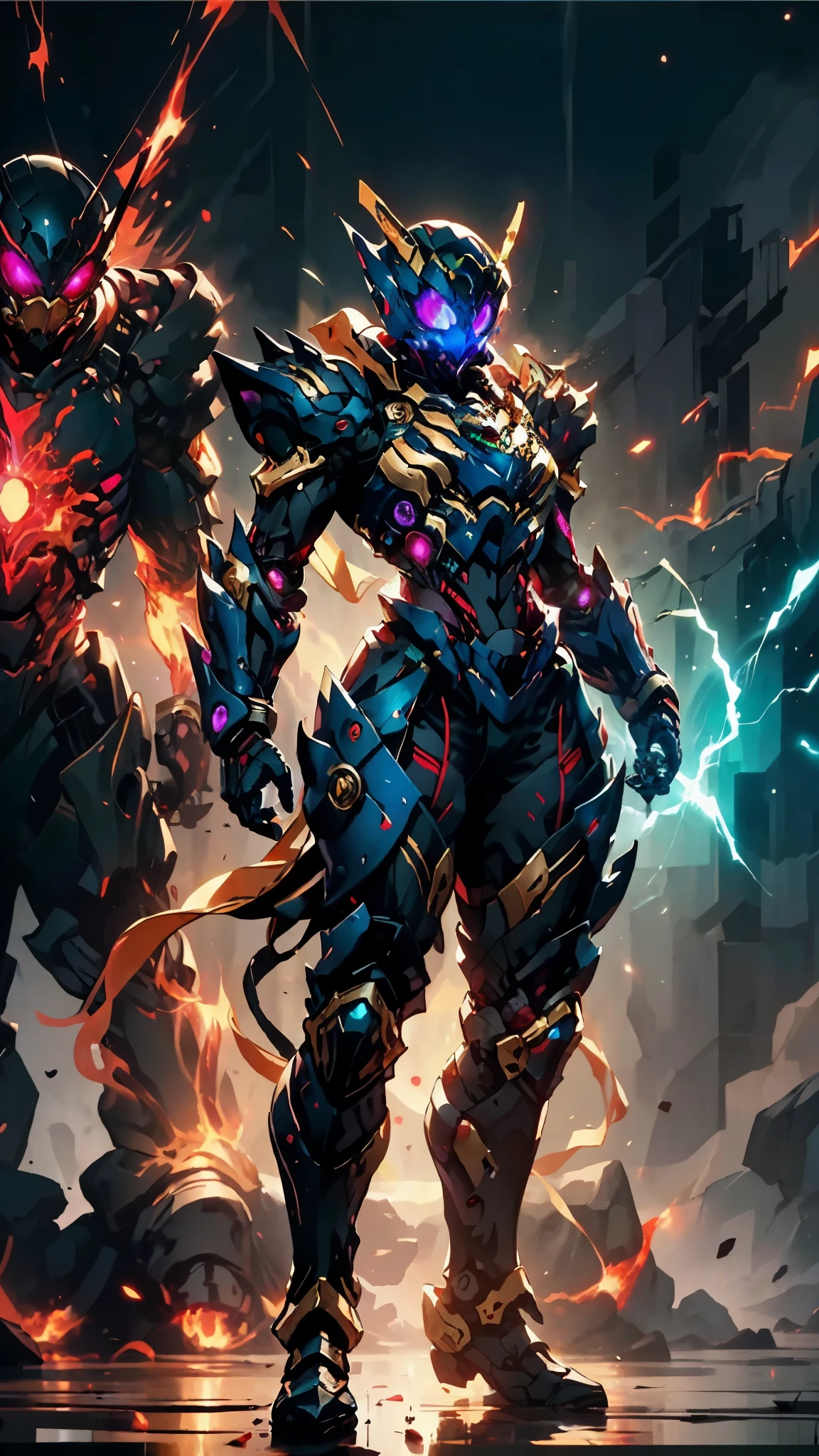 A woman adorned in fantasy-style full-body armor, a crown-concept fully enclosed helmet that unveils only her eyes, a composite layered chest plate, fully encompassing shoulder and hand guards, a lightweight waist armor, form-fitting shin guards, the overall design is heavy-duty yet flexible, ((the armor gleams with a golden glow, complemented by red and blue accents)), exhibiting a noble aura, she floats above a fantasy-surreal high-tech city, this character embodies a finely crafted fantasy-surreal style armored hero in anime style, exquisite and mature manga art style, (mixture of Queen bee and Spider concept Armor, plasma, blood), ((Element, energy, elegant, goddess, femminine:1.5)), metallic, high definition, best quality, highres, ultra-detailed, ultra-fine painting, extremely delicate, professional, anatomically correct, symmetrical face, extremely detailed eyes and face, high quality eyes, creativity, RAW photo, UHD, 32k, Natural light, cinematic lighting, masterpiece-anatomy-perfect, masterpiece:1.5