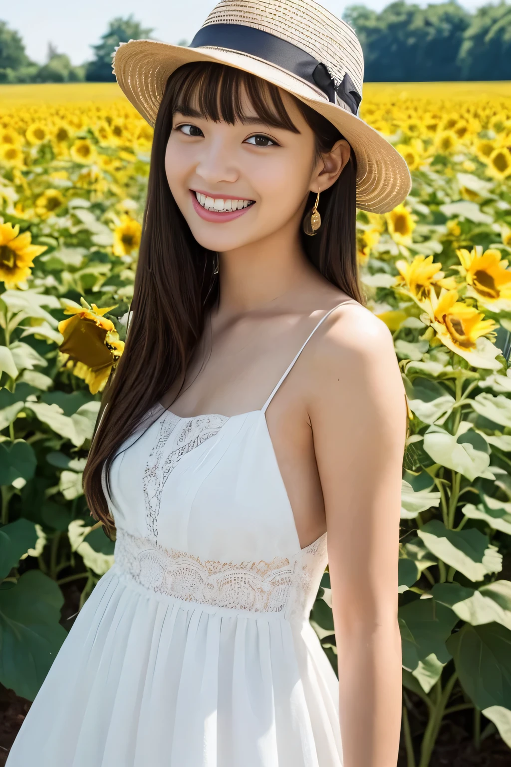 ((white dress、straw hat、flower garden:1.2))、(realistic、Photoreal、Super detailed、best detailed skin、highest quality、masterpiece、超A high resolution)、realistic肌タイプ、high school girl、simple background、cute Japanese、************、young girl、have bangs、double eyelid、drooling eyes、cute smile、Charm、purity、double teeth、take a look here、The wind is blowing、summer sunshine、sunflower field