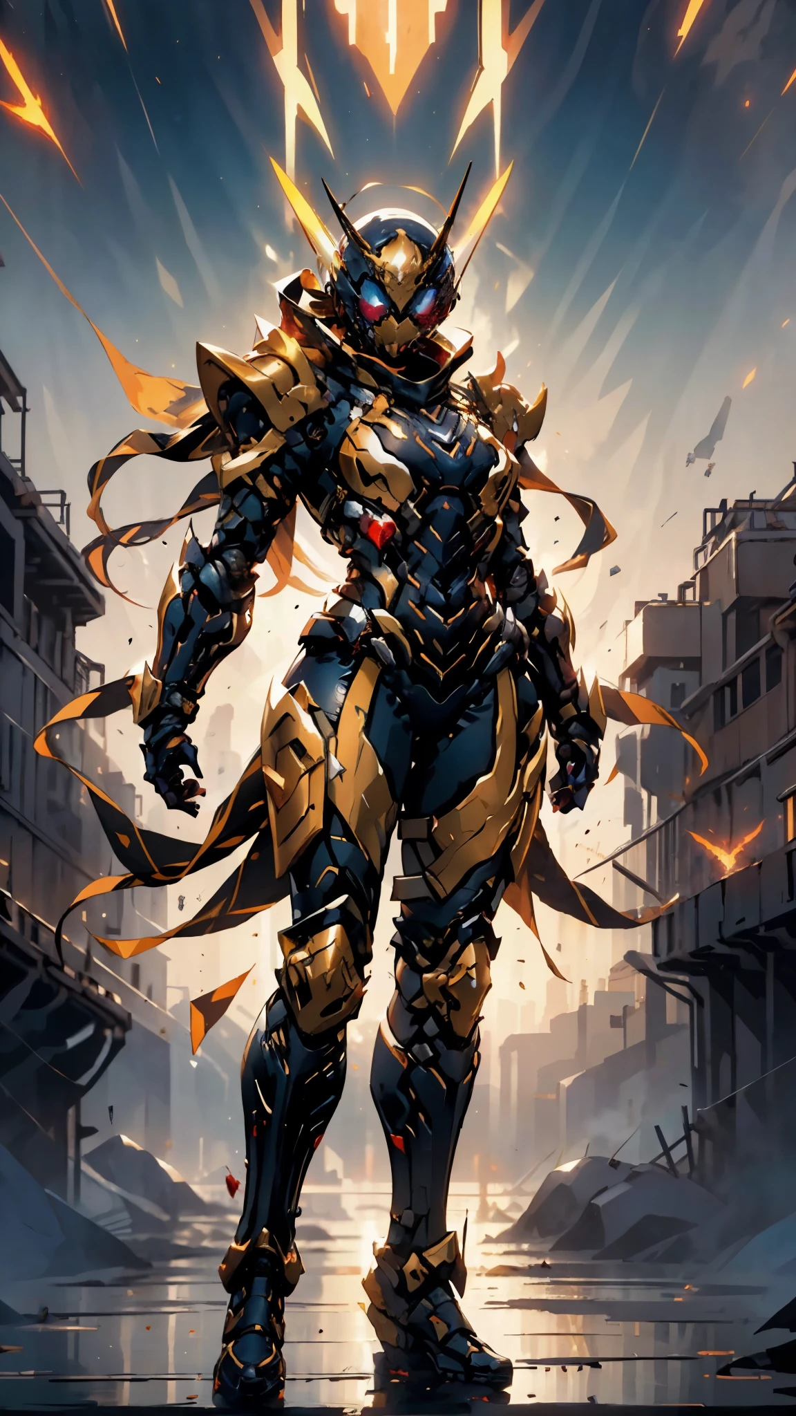 A woman adorned in fantasy-style full-body armor, a crown-concept fully enclosed helmet that unveils only her eyes, a composite layered chest plate, fully encompassing shoulder and hand guards, a lightweight waist armor, form-fitting shin guards, the overall design is heavy-duty yet flexible, ((the armor gleams with a golden glow, complemented by red and blue accents)), exhibiting a noble aura, she floats above a fantasy-surreal high-tech city, this character embodies a finely crafted fantasy-surreal style armored hero in anime style, exquisite and mature manga art style, (mixture of Queen bee and Spider concept Armor, plasma, blood), ((Element, energy, elegant, goddess, femminine:1.5)), metallic, high definition, best quality, highres, ultra-detailed, ultra-fine painting, extremely delicate, professional, anatomically correct, symmetrical face, extremely detailed eyes and face, high quality eyes, creativity, RAW photo, UHD, 32k, Natural light, cinematic lighting, masterpiece-anatomy-perfect, masterpiece:1.5