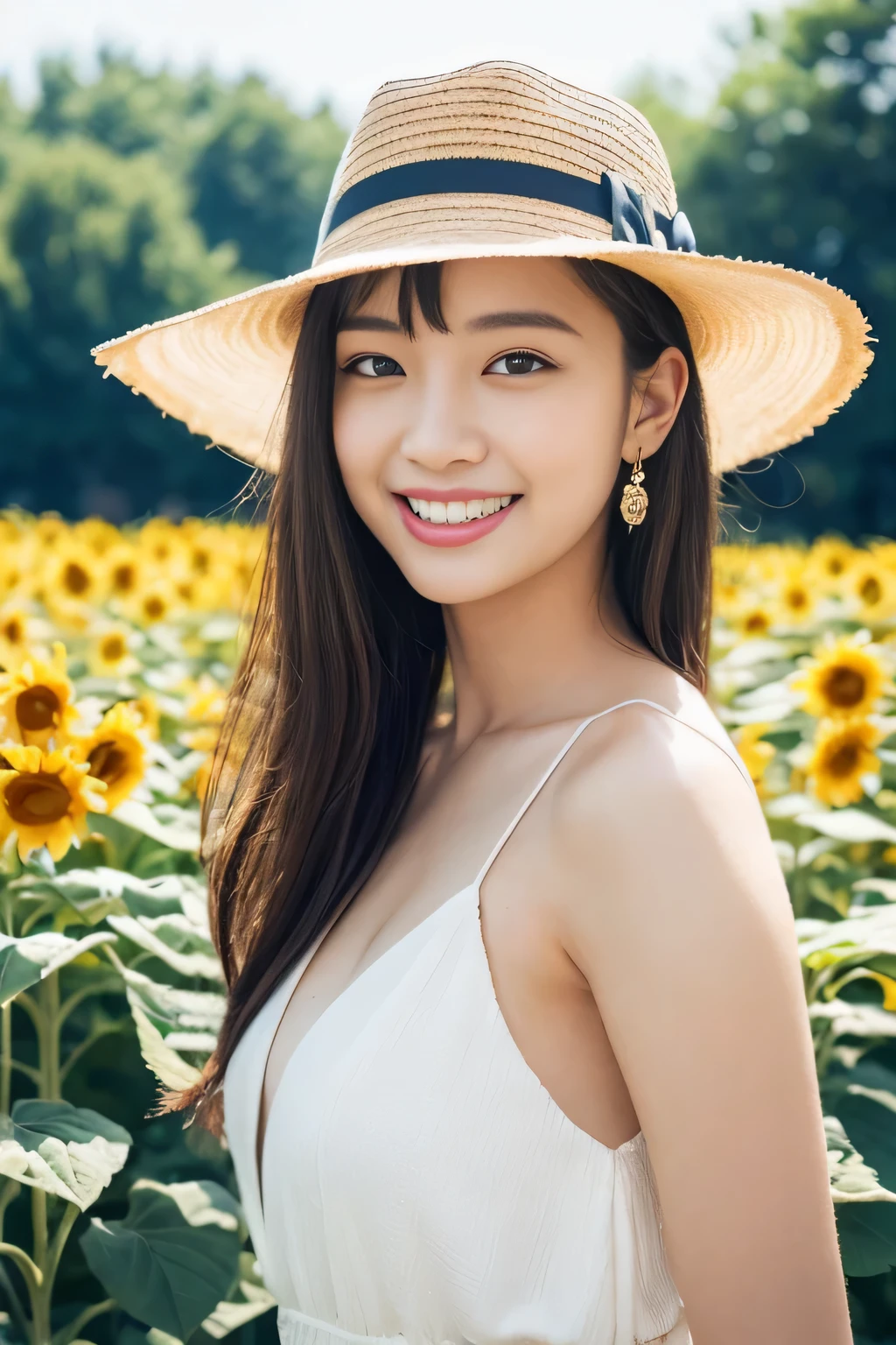 ((white dress、straw hat、flower garden:1.2))、(realistic、Photoreal、Super detailed、best detailed skin、highest quality、masterpiece、超A high resolution)、realistic肌タイプ、high school girl、simple background、cute Japanese、17 years old、young girl、have bangs、double eyelid、drooling eyes、cute smile、Charm、purity、double teeth、take a look here、The wind is blowing、summer sunshine、sunflower field