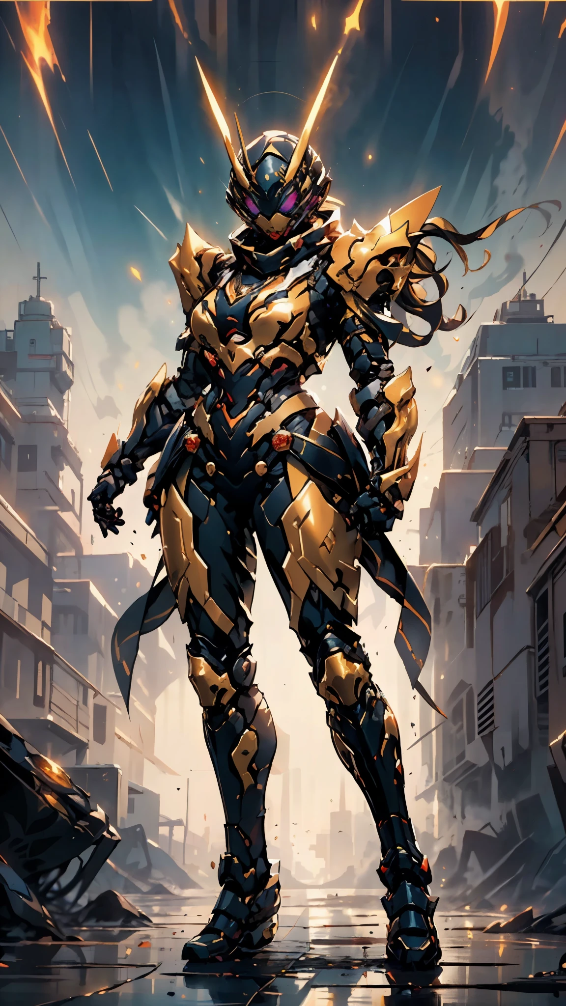 A woman adorned in fantasy-style full-body armor, a crown-concept fully enclosed helmet that unveils only her eyes, a composite layered chest plate, fully encompassing shoulder and hand guards, a lightweight waist armor, form-fitting shin guards, the overall design is heavy-duty yet flexible, ((the armor gleams with a golden glow, complemented by red and blue accents)), exhibiting a noble aura, she floats above a fantasy-surreal high-tech city, this character embodies a finely crafted fantasy-surreal style armored hero in anime style, exquisite and mature manga art style, (mixture of Queen bee and Spider concept Armor, plasma, blood), ((Element, energy, elegant, goddess, femminine:1.5)), metallic, high definition, best quality, highres, ultra-detailed, ultra-fine painting, extremely delicate, professional, anatomically correct, symmetrical face, extremely detailed eyes and face, high quality eyes, creativity, RAW photo, UHD, 32k, Natural light, cinematic lighting, masterpiece-anatomy-perfect, masterpiece:1.5