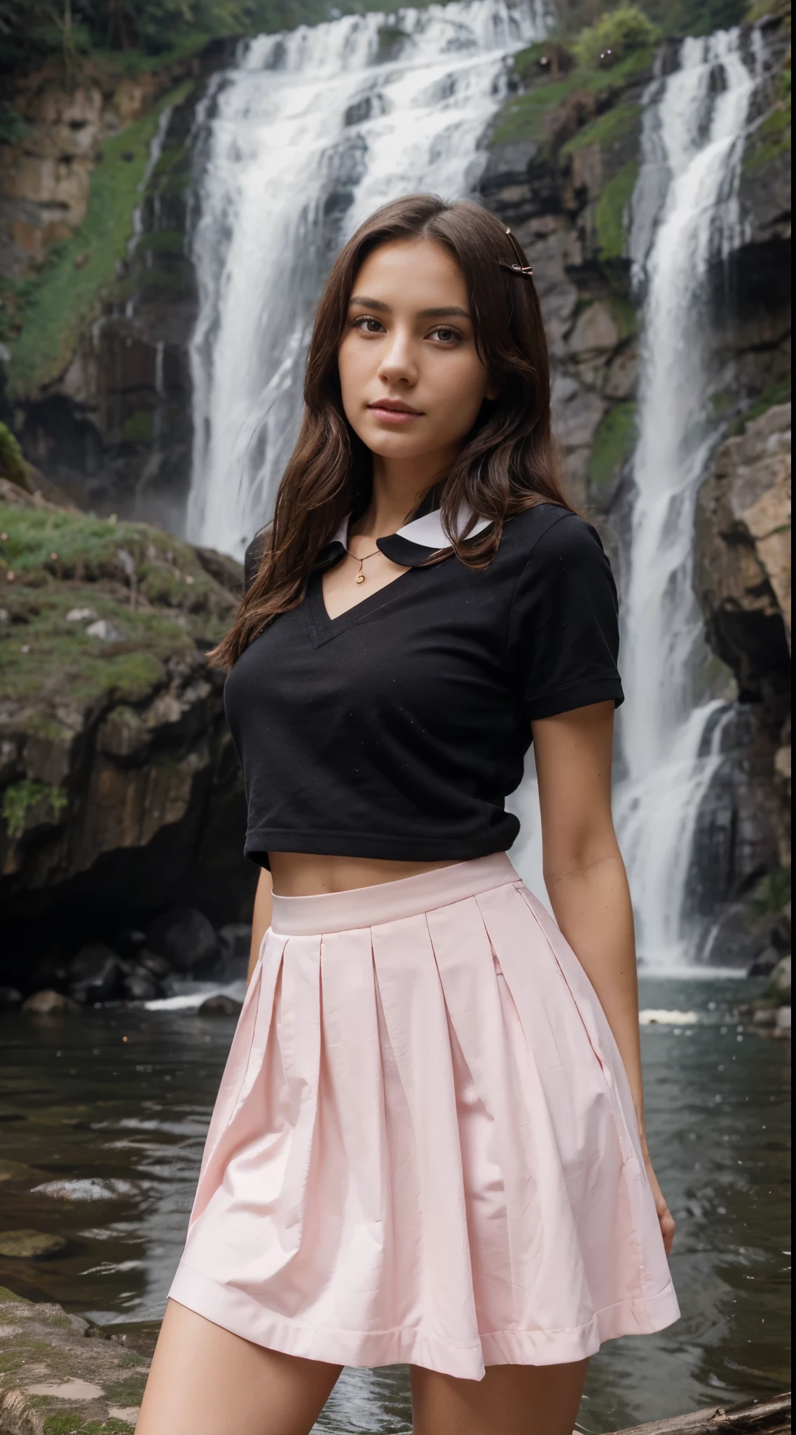 Beautiful   wear light pink sailor skirt with black collar
On a wood with  beautifull waterfall
Mysterious face
Beautiful face
Realistic