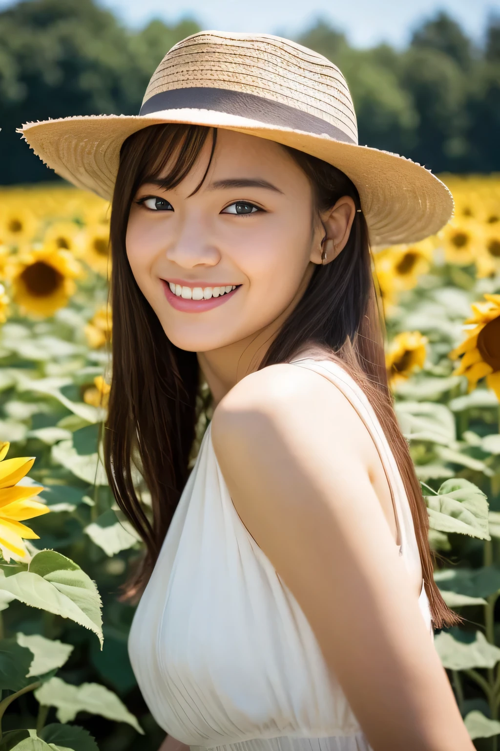 ((white dress、straw hat、flower garden:1.2))、(realistic、Photoreal、Super detailed、best detailed skin、highest quality、masterpiece、超A high resolution)、realistic肌タイプ、high school girl、simple background、cute Japanese、、young girl、have bangs、double eyelid、drooling eyes、cute smile、Charm、purity、double teeth、take a look here、The wind is blowing、summer sunshine、sunflower field