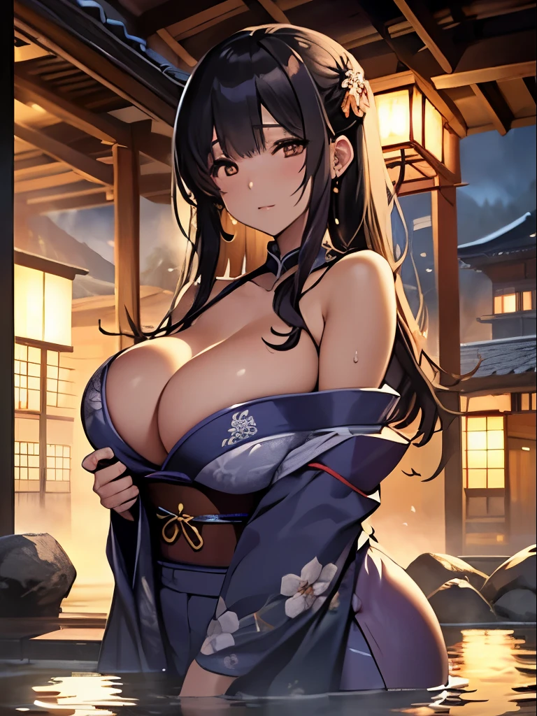 Best quality, cinematic composition, eye-catching shot, intricate details, delicate skin texture, Japanese architecture, atmospheric lighting, steamy hot spring (onsen), alluring and elegant woman with long hair, traditional sleeveless yukata, big breasts, deep cleavage, gentle curves, gazing adoringly at the viewer, calm and loving expression.