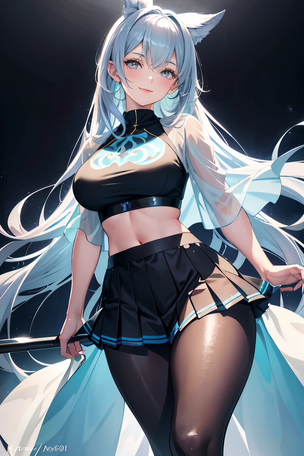 In the dimly lit room, a woman with magnificent pastel hair and a smiling face was captured in an exhilarating subjective position. She wore a sportive top that clung to her body, revealing her pronounced and charming shape. The top was accompanied by leggings and a pleated skirt, adding an element of elegance and dynamism to her attire. The fabric of her clothing appeared wet and translucent, creating a sense of lightness and transparency that only enhanced her figure.
Her clear eyes shone with a dreamlike air, and her luscious lips were parted slightly, revealing a light blush and a subtle hint of makeup. The woman's complexion was refined,