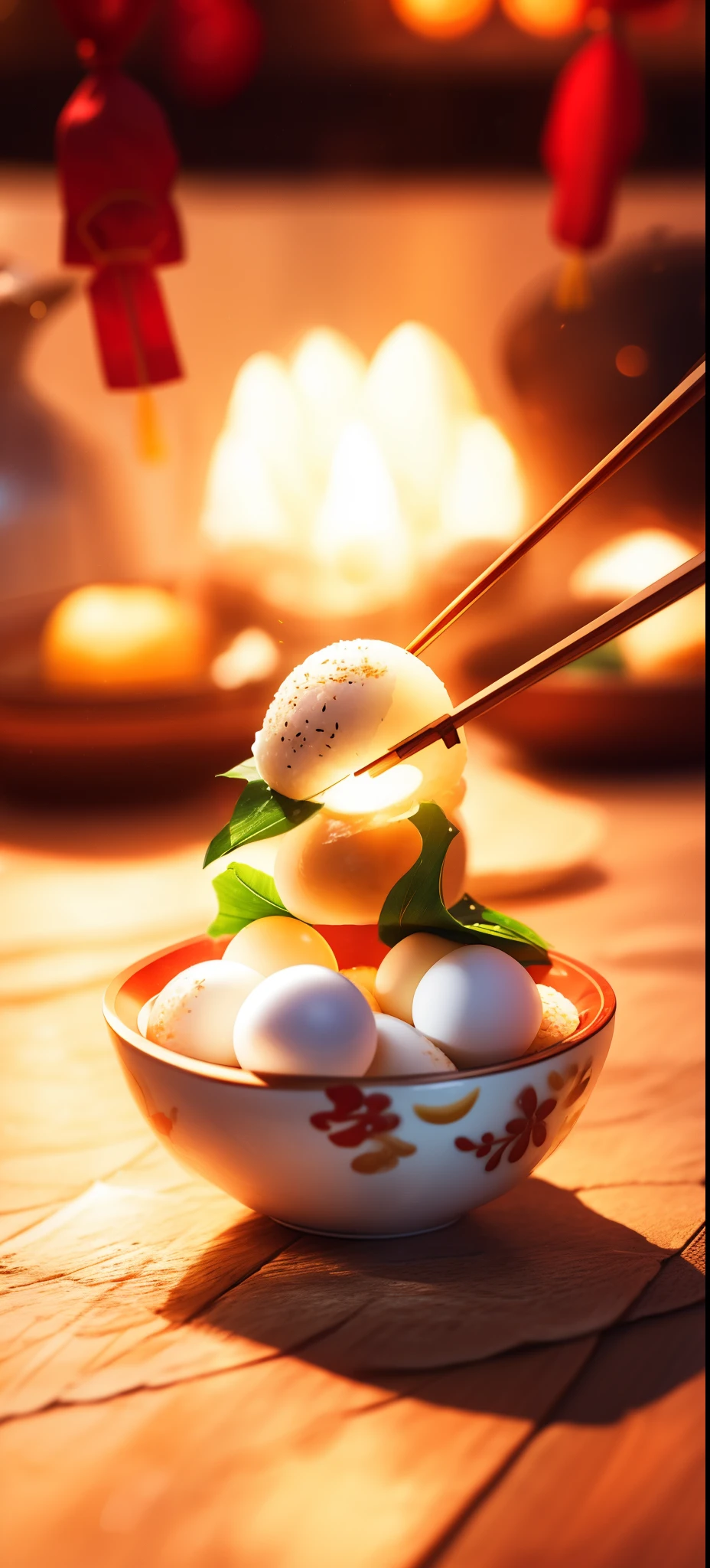 （original photo，best quality），（realistically，Shoot real：1.3），best quality，Very detailed，masterpiece，Ultra-detailed，revelation，Image of eggs held between chopsticks，red festive background，奇幻插画style，Light red，Made of cheese，Chinese New Year celebrations，furnace，Luminous quality，Made of cheese。best quality，Extremely detailed CG unity 8k wal，amazing，light，lens_flare，Dunhuang_style，rice dumpling，meter，Rice balls，leaf