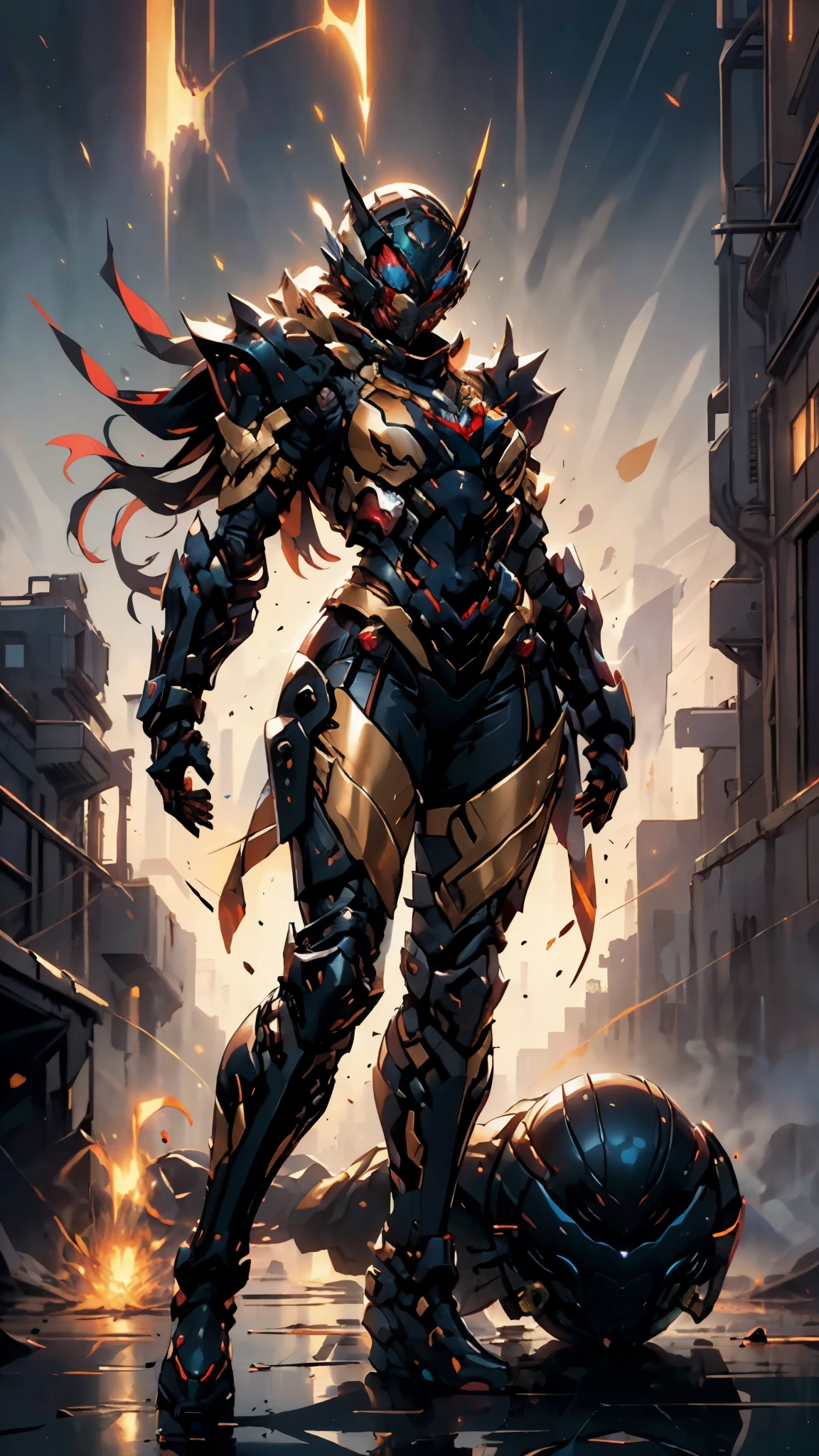 A woman adorned in fantasy-style full-body armor, a crown-concept fully enclosed helmet that unveils only her eyes, a composite layered chest plate, fully encompassing shoulder and hand guards, a lightweight waist armor, form-fitting shin guards, the overall design is heavy-duty yet flexible, ((the armor gleams with a golden glow, complemented by red and blue accents)), exhibiting a noble aura, she floats above a fantasy-surreal high-tech city, this character embodies a finely crafted fantasy-surreal style armored hero in anime style, exquisite and mature manga art style, (mixture of Queen bee and Spider concept Armor, plasma, blood), ((Element, energy, elegant, goddess, femminine:1.5)), metallic, high definition, best quality, highres, ultra-detailed, ultra-fine painting, extremely delicate, professional, anatomically correct, symmetrical face, extremely detailed eyes and face, high quality eyes, creativity, RAW photo, UHD, 32k, Natural light, cinematic lighting, masterpiece-anatomy-perfect, masterpiece:1.5