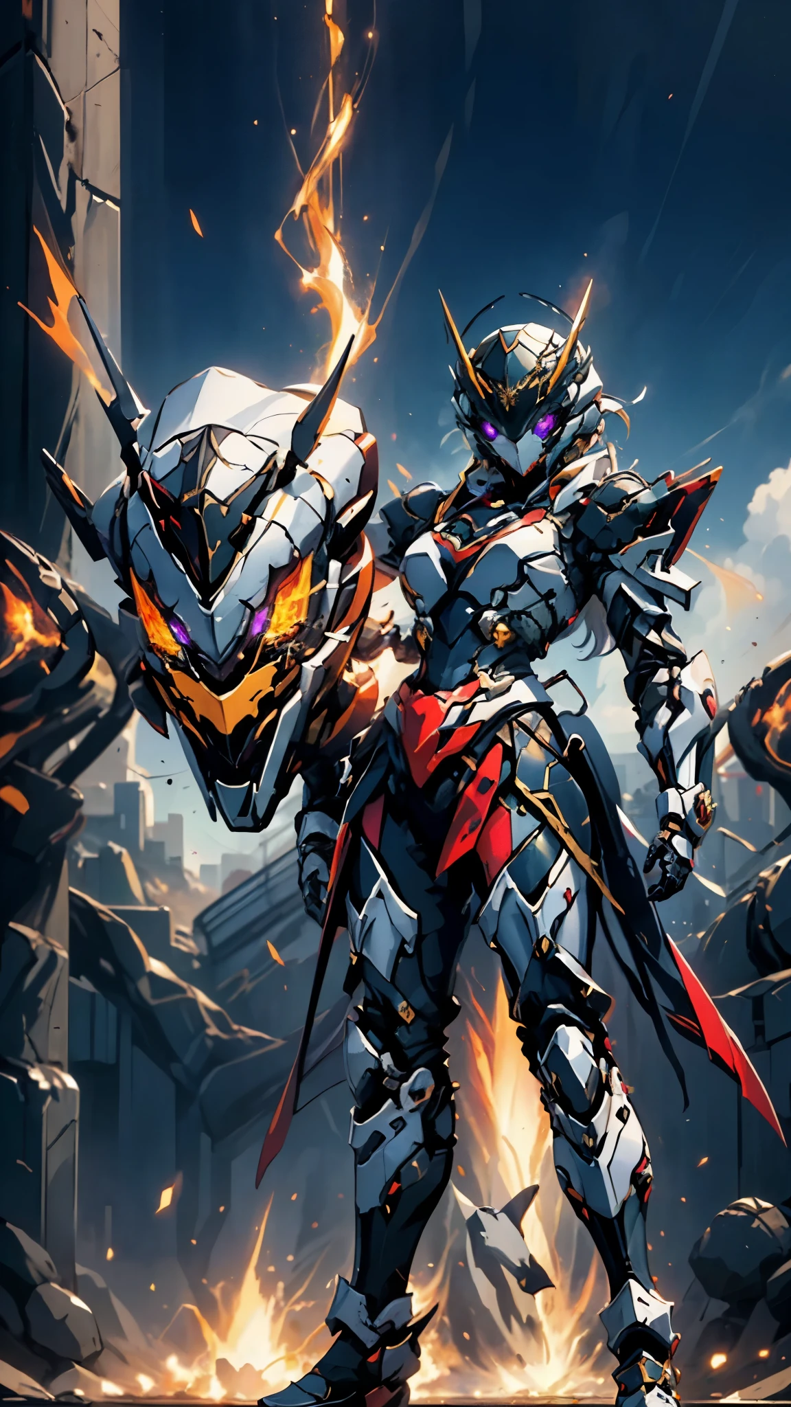 A woman adorned in fantasy-style full-body armor, a crown-concept fully enclosed helmet that unveils only her eyes, a composite layered chest plate, fully encompassing shoulder and hand guards, a lightweight waist armor, form-fitting shin guards, the overall design is heavy-duty yet flexible, ((the armor gleams with a golden glow, complemented by red and blue accents)), exhibiting a noble aura, she floats above a fantasy-surreal high-tech city, this character embodies a finely crafted fantasy-surreal style armored hero in anime style, exquisite and mature manga art style, (mixture of Queen bee and Spider concept Armor, plasma, blood), ((Element, energy, elegant, goddess, femminine:1.5)), metallic, high definition, best quality, highres, ultra-detailed, ultra-fine painting, extremely delicate, professional, anatomically correct, symmetrical face, extremely detailed eyes and face, high quality eyes, creativity, RAW photo, UHD, 32k, Natural light, cinematic lighting, masterpiece-anatomy-perfect, masterpiece:1.5