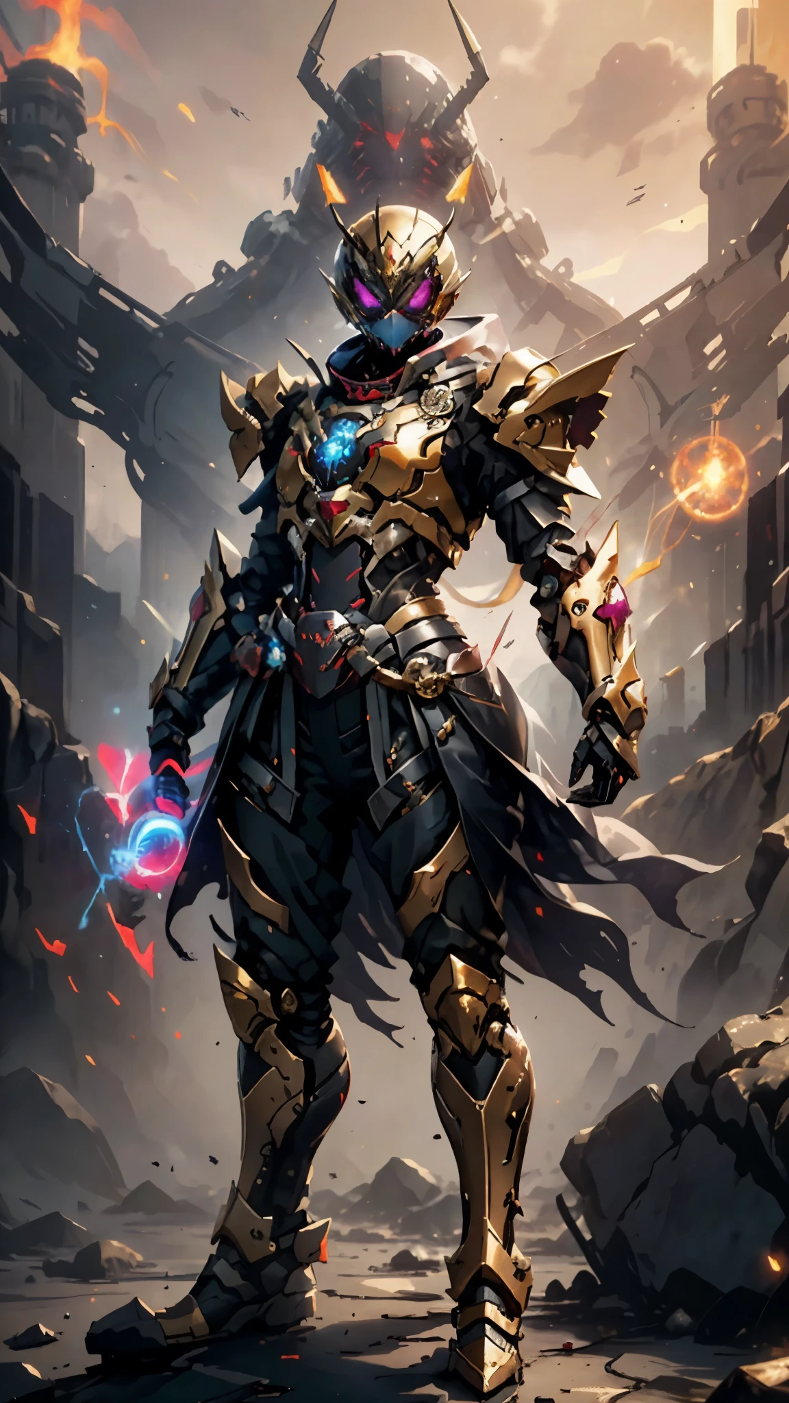 A woman adorned in fantasy-style full-body armor, a crown-concept fully enclosed helmet that unveils only her eyes, a composite layered chest plate, fully encompassing shoulder and hand guards, a lightweight waist armor, form-fitting shin guards, the overall design is heavy-duty yet flexible, ((the armor gleams with a golden glow, complemented by red and blue accents)), exhibiting a noble aura, she floats above a fantasy-surreal high-tech city, this character embodies a finely crafted fantasy-surreal style armored hero in anime style, exquisite and mature manga art style, (mixture of Queen bee and Spider concept Armor, plasma, blood), ((Element, energy, elegant, goddess, femminine:1.5)), metallic, high definition, best quality, highres, ultra-detailed, ultra-fine painting, extremely delicate, professional, anatomically correct, symmetrical face, extremely detailed eyes and face, high quality eyes, creativity, RAW photo, UHD, 32k, Natural light, cinematic lighting, masterpiece-anatomy-perfect, masterpiece:1.5