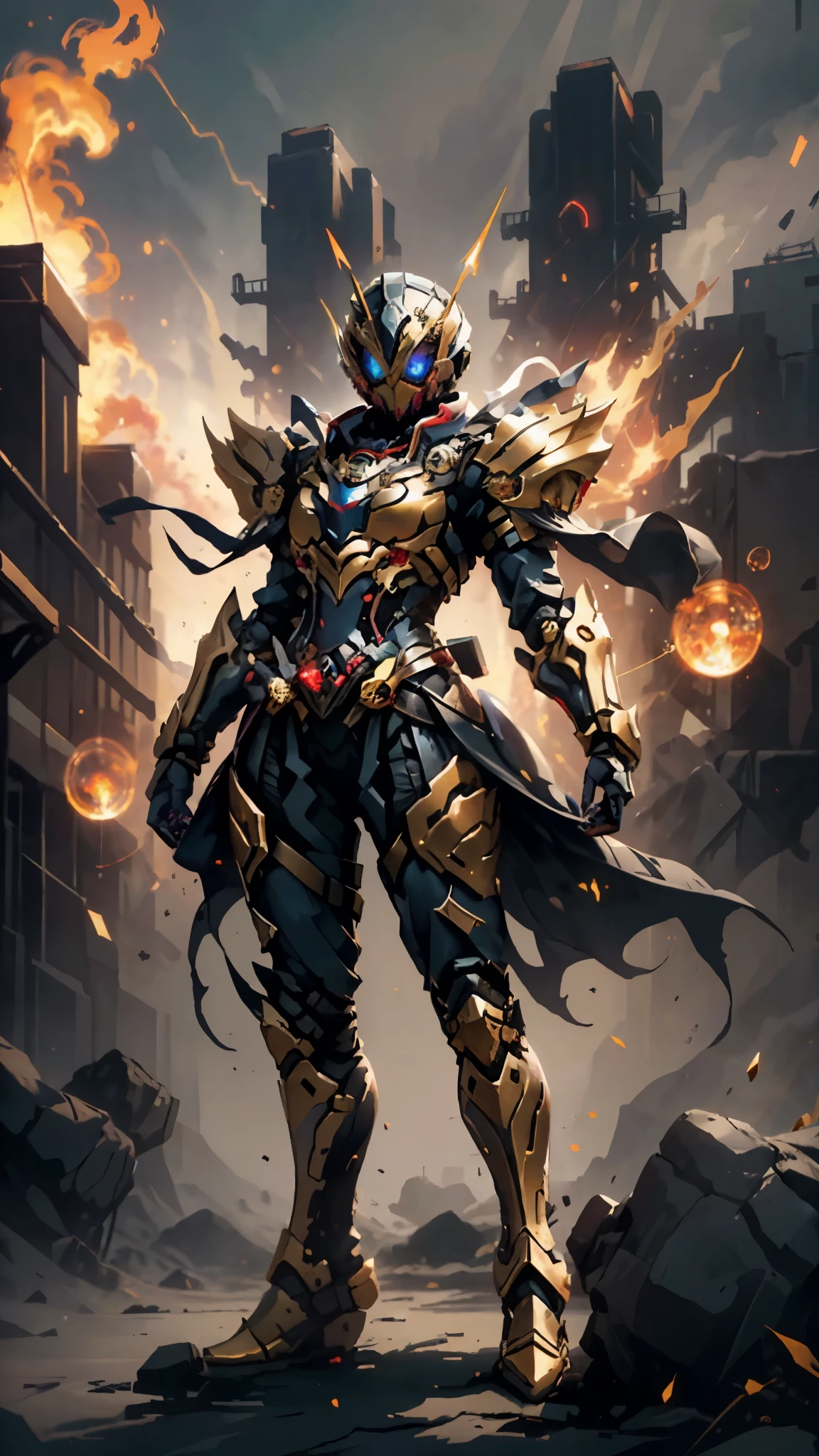 A woman adorned in fantasy-style full-body armor, a crown-concept fully enclosed helmet that unveils only her eyes, a composite layered chest plate, fully encompassing shoulder and hand guards, a lightweight waist armor, form-fitting shin guards, the overall design is heavy-duty yet flexible, ((the armor gleams with a golden glow, complemented by red and blue accents)), exhibiting a noble aura, she floats above a fantasy-surreal high-tech city, this character embodies a finely crafted fantasy-surreal style armored hero in anime style, exquisite and mature manga art style, (mixture of Queen bee and Spider concept Armor, plasma, blood), ((Element, energy, elegant, goddess, femminine:1.5)), metallic, high definition, best quality, highres, ultra-detailed, ultra-fine painting, extremely delicate, professional, anatomically correct, symmetrical face, extremely detailed eyes and face, high quality eyes, creativity, RAW photo, UHD, 32k, Natural light, cinematic lighting, masterpiece-anatomy-perfect, masterpiece:1.5