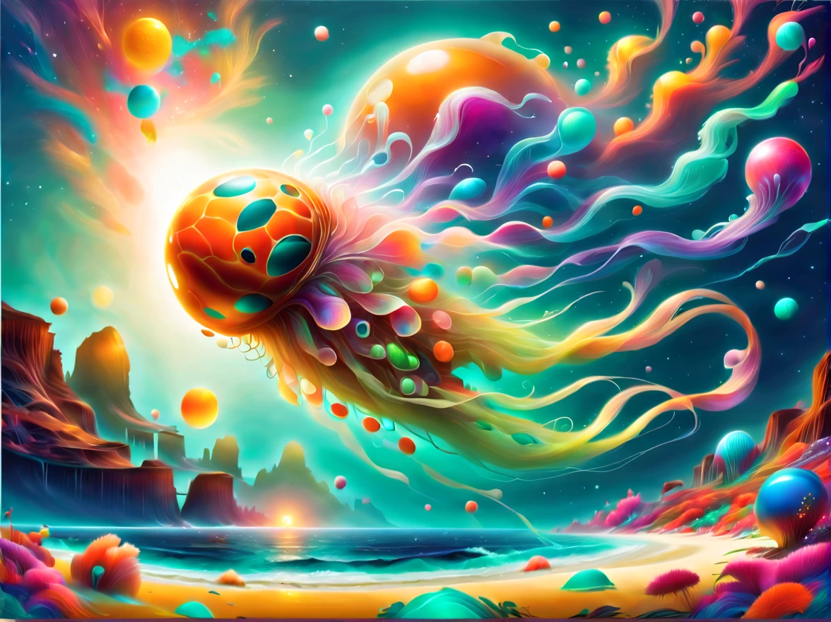 A colorful landscape painting with jellyfish and jellyfish, Colorful sea turtle，彩色蘑菇 in an colorful alien planet, Surreal alien kingdom, Psychedelic Flower Planet, Alien paradise, rich diverse lush alien world, psychedelic landscape, alien world, alien dream world, psychedelic atmosphere, Beautiful alien landscape, 8K highly detailed art, alien planet, fantasy planet, landscape of an alien world