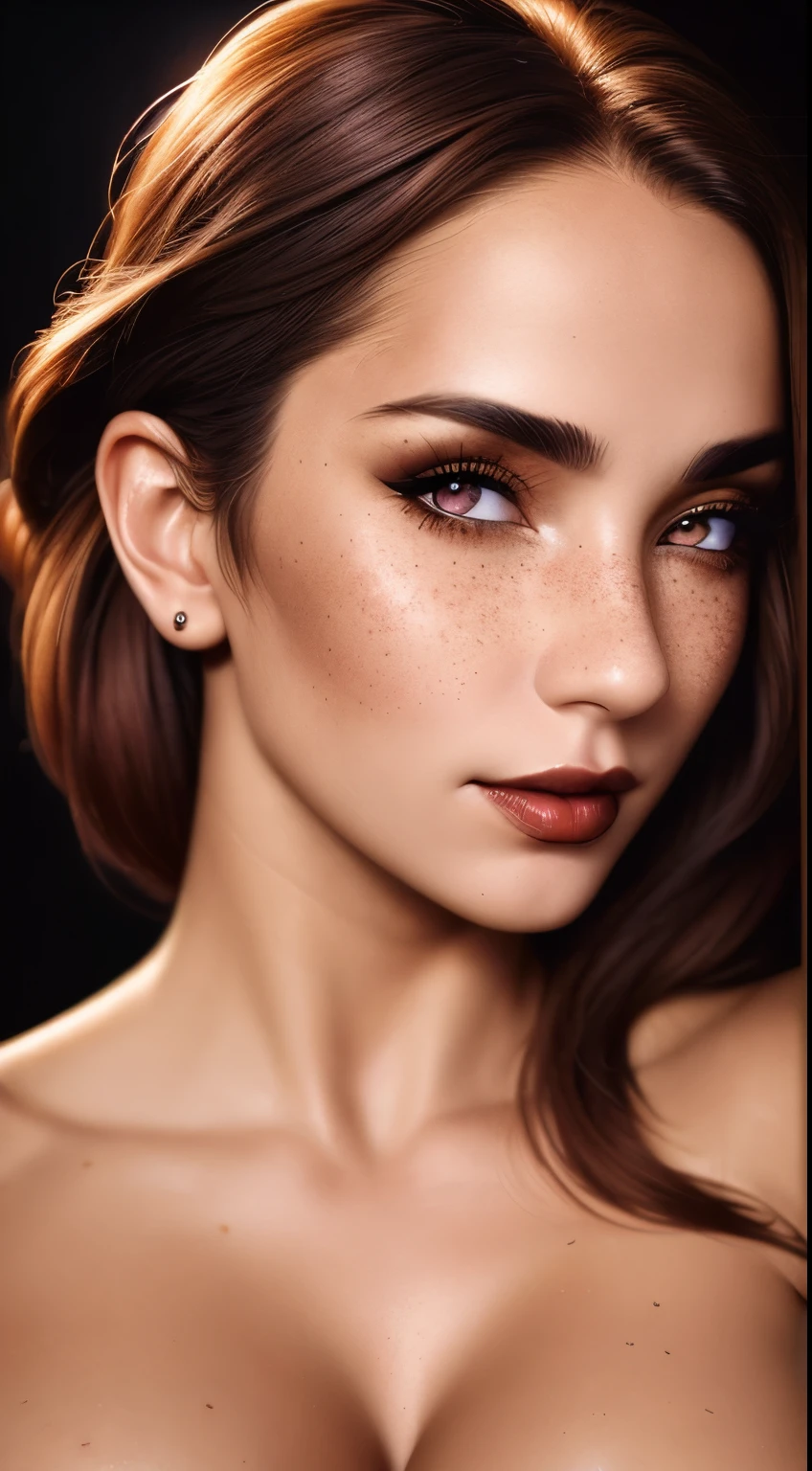 (best quality, hyperdetailed photography:1.2), beautiful lady, freckles,dark makeup, soft light, massive perfect breast,head and breast portrait, cover, snoopy breasts, tanned skin, detailed skin texture,(detailed beautiful face, detail skin texture, ultra-detailed body:1.1) sexy vampire girl,