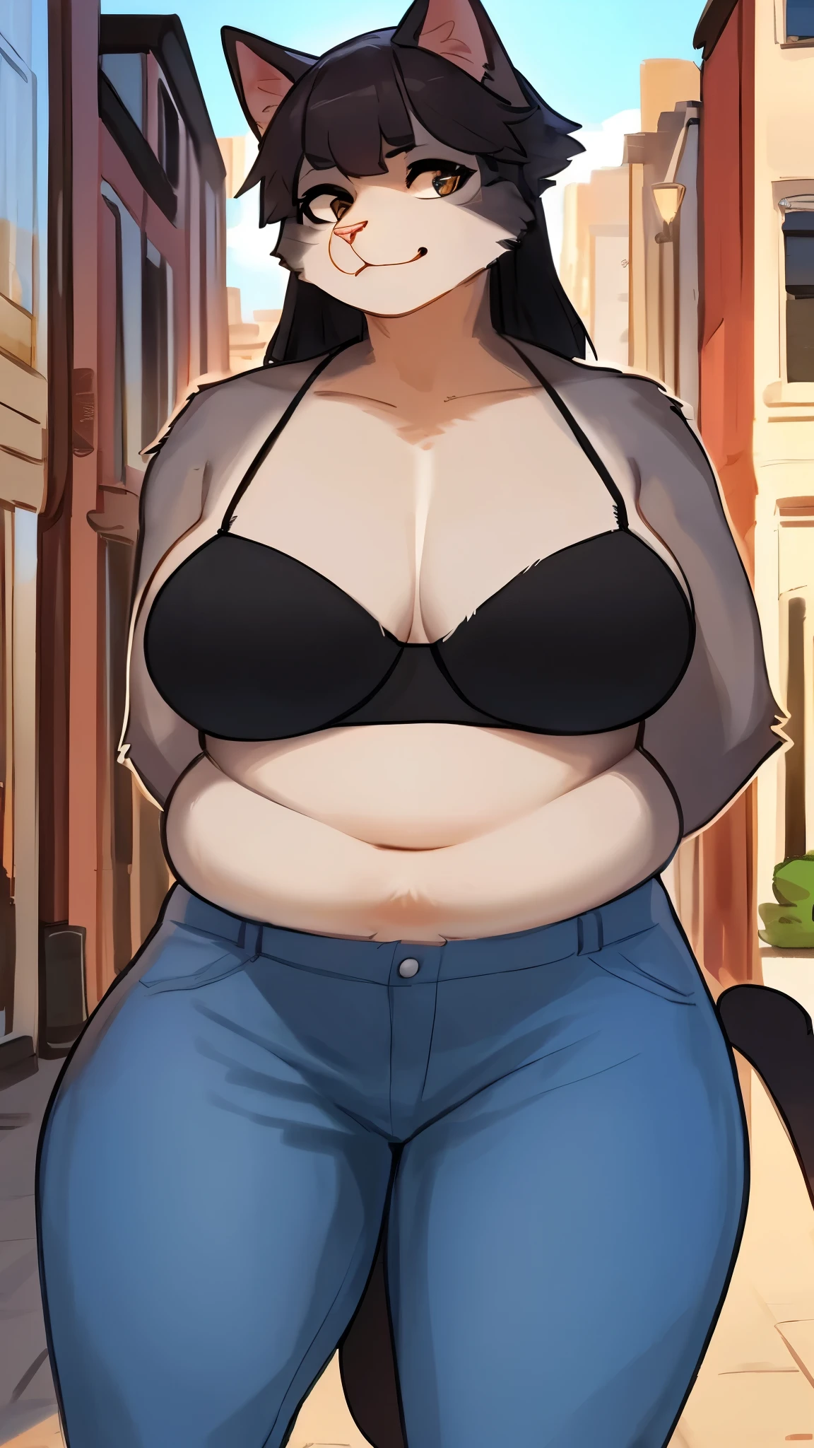 By bebebebebe, by lostgoose, by goonie-san, solo, female, standing, feline, (cat, American cat, detailed eyes), ((snout, hair)), ((chubby)), grey fur, dark hair, big breasts, hands behind back, looking at viewer, English city, brown townhouses, standing in the city, loose bra, high-waisted jeans