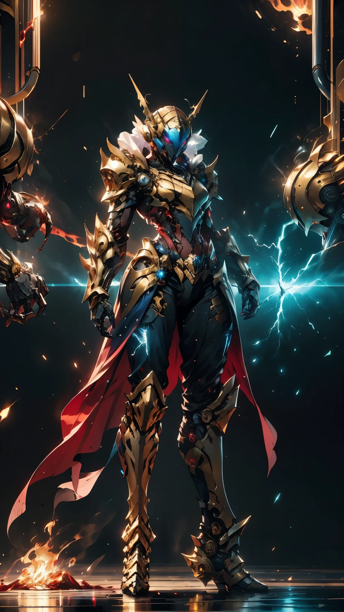 A woman adorned in fantasy-style full-body armor, a crown-concept fully enclosed helmet that unveils only her eyes, a composite layered chest plate, fully encompassing shoulder and hand guards, a lightweight waist armor, form-fitting shin guards, the overall design is heavy-duty yet flexible, ((the armor gleams with a golden glow, complemented by red and blue accents)), exhibiting a noble aura, she floats above a fantasy-surreal high-tech city, this character embodies a finely crafted fantasy-surreal style armored hero in anime style, exquisite and mature manga art style, (mixture of Queen bee and Spider concept Armor, plasma, blood), ((Element, energy, elegant, goddess, femminine:1.5)), metallic, high definition, best quality, highres, ultra-detailed, ultra-fine painting, extremely delicate, professional, anatomically correct, symmetrical face, extremely detailed eyes and face, high quality eyes, creativity, RAW photo, UHD, 32k, Natural light, cinematic lighting, masterpiece-anatomy-perfect, masterpiece:1.5