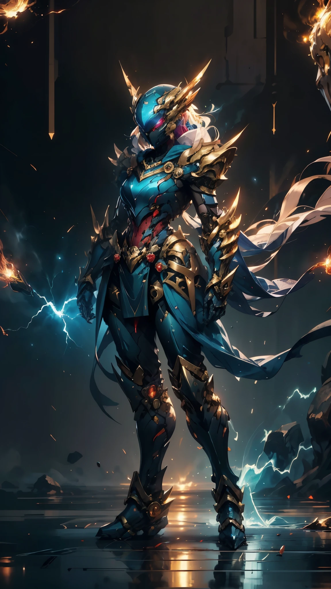 A woman adorned in fantasy-style full-body armor, a crown-concept fully enclosed helmet that unveils only her eyes, a composite layered chest plate, fully encompassing shoulder and hand guards, a lightweight waist armor, form-fitting shin guards, the overall design is heavy-duty yet flexible, ((the armor gleams with a golden glow, complemented by red and blue accents)), exhibiting a noble aura, she floats above a fantasy-surreal high-tech city, this character embodies a finely crafted fantasy-surreal style armored hero in anime style, exquisite and mature manga art style, (mixture of Queen bee and Spider concept Armor, plasma, blood), ((Element, energy, elegant, goddess, femminine:1.5)), metallic, high definition, best quality, highres, ultra-detailed, ultra-fine painting, extremely delicate, professional, anatomically correct, symmetrical face, extremely detailed eyes and face, high quality eyes, creativity, RAW photo, UHD, 32k, Natural light, cinematic lighting, masterpiece-anatomy-perfect, masterpiece:1.5
