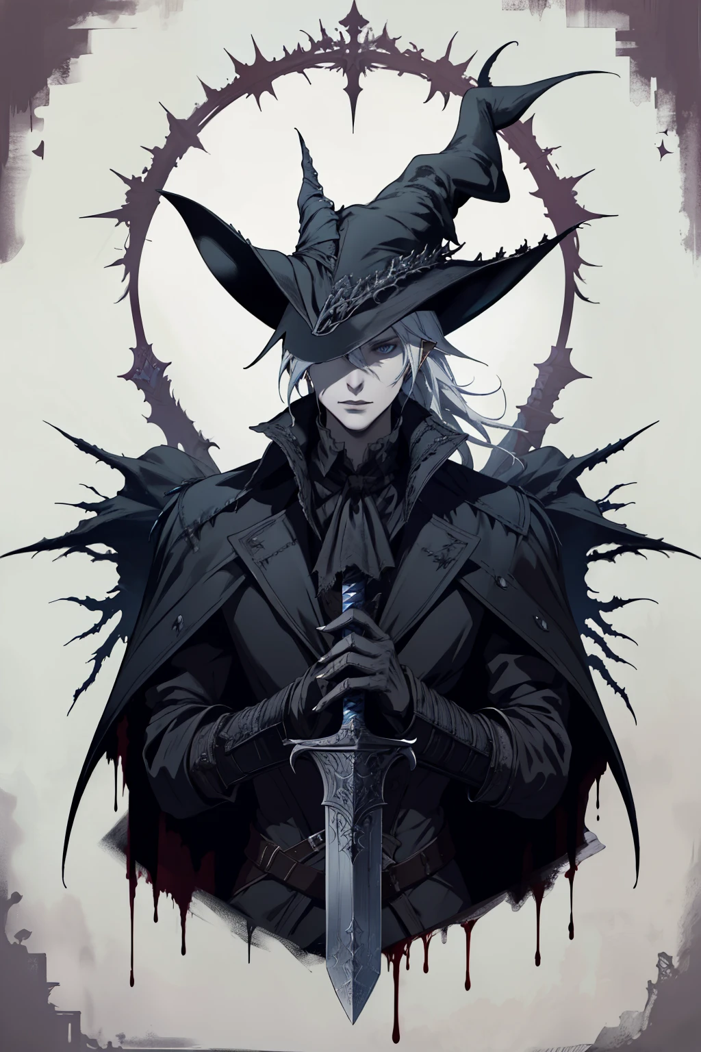 there is a man in a black hat holding a sword, portrait of a bloodborne hunter, bloodborne art, epic exquisite character art, v from devil may cry as an elf, bloodborne style, alucard, portrait of a female mage, dark fantasy character design, thancred waters in style of wlop, dark fantasy style art, artorias