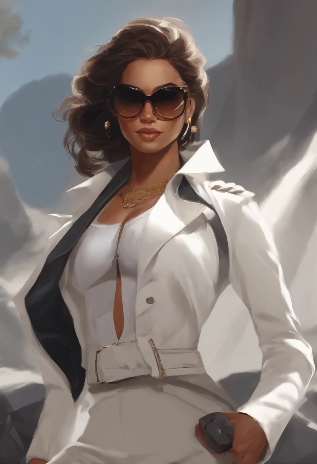 character design sheet, vista trasera, Vista lateral, Vista frontal de una mujer de piel blanca con una chaqueta vaquera, gran culo, gafas blancas, pelo negro, una gran nariz, no pante, and a smiling expression, Auriculares negros, en un estilo anime