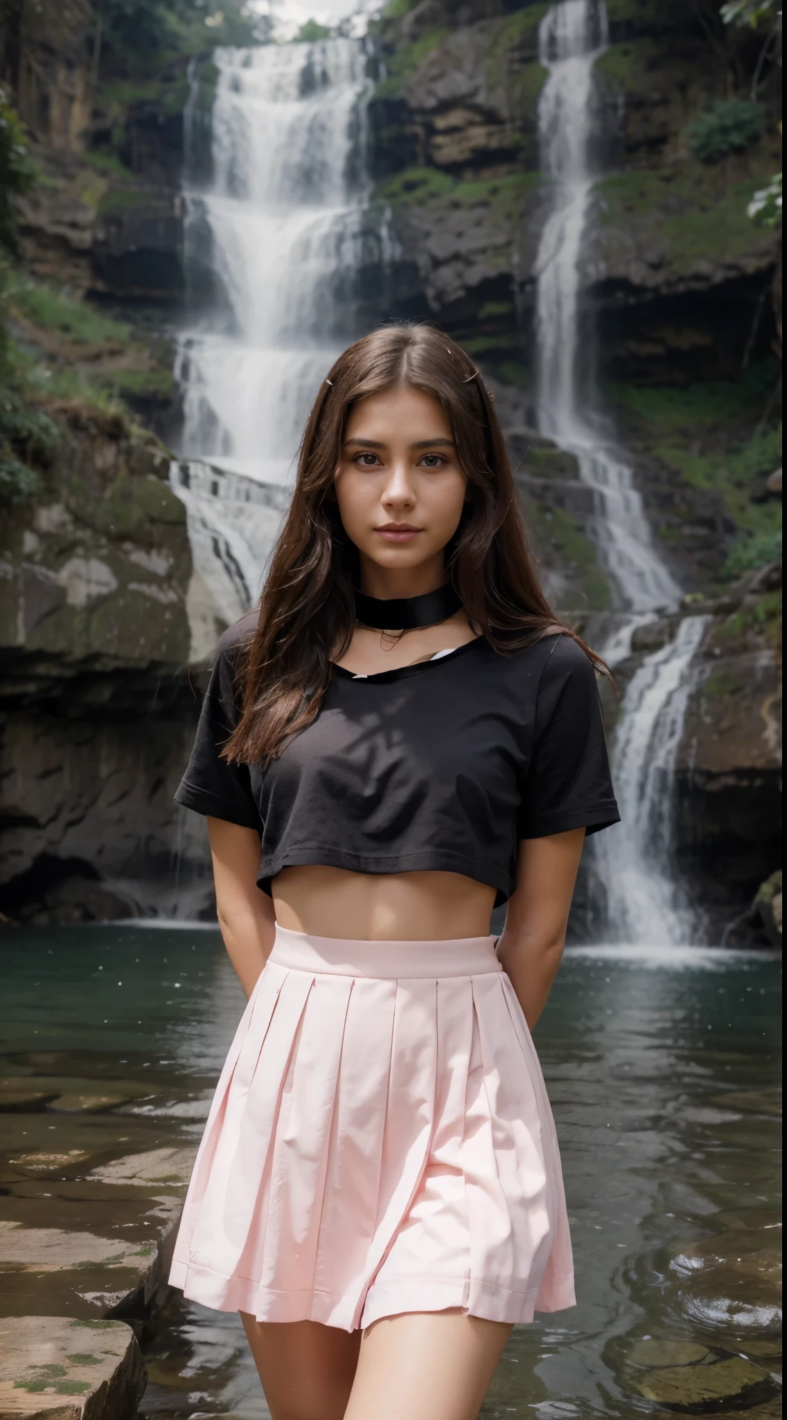 Beautiful    wear light pink sailor skirt with black collar
On a wood with  beautifull waterfall
Mysterious face
Beautiful face
Realistic