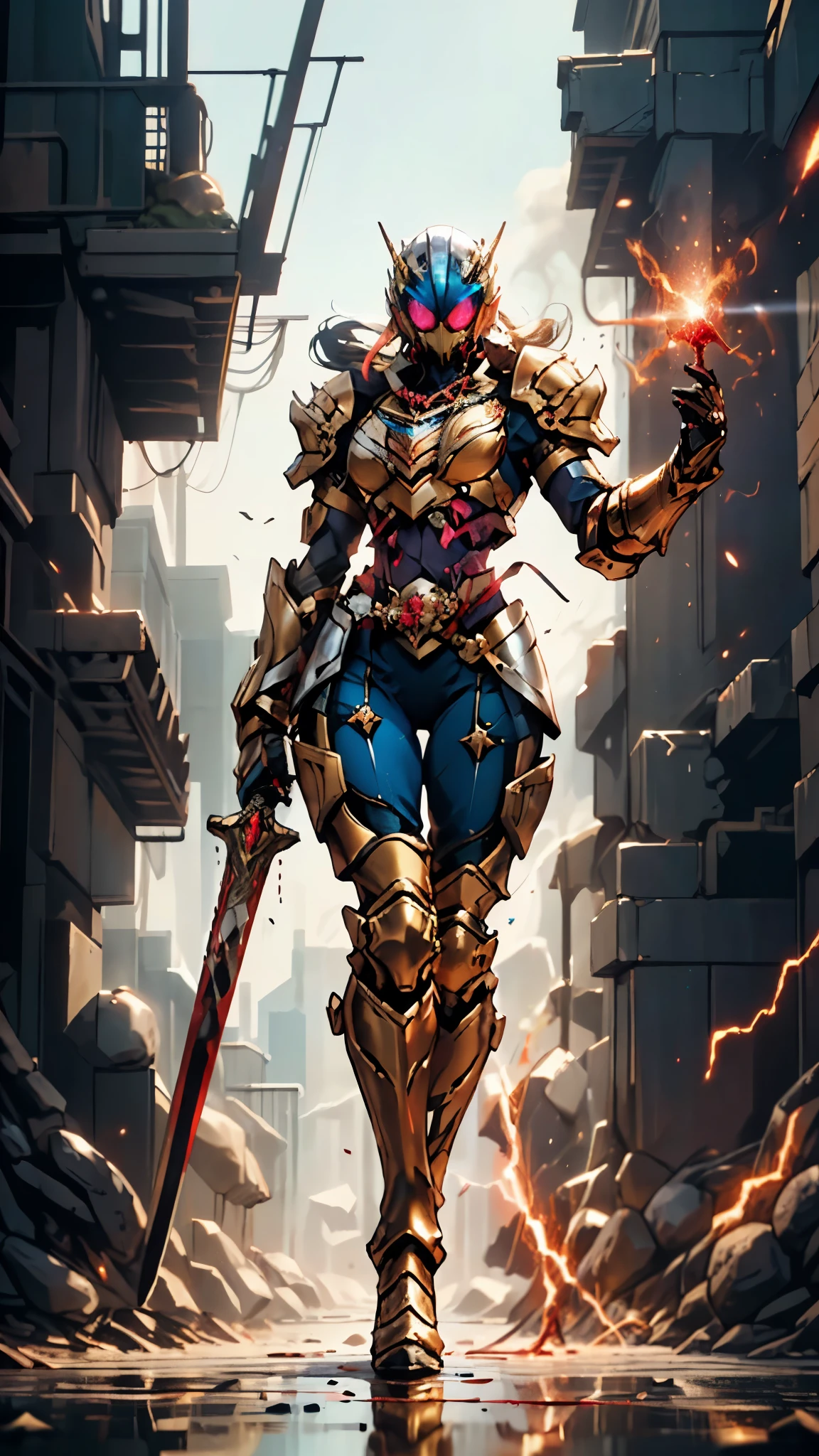 A woman adorned in fantasy-style full-body armor, a crown-concept fully enclosed helmet that unveils only her eyes, a composite layered chest plate, fully encompassing shoulder and hand guards, a lightweight waist armor, form-fitting shin guards, the overall design is heavy-duty yet flexible, ((the armor gleams with a golden glow, complemented by red and blue accents)), exhibiting a noble aura, she floats above a fantasy-surreal high-tech city, this character embodies a finely crafted fantasy-surreal style armored hero in anime style, exquisite and mature manga art style, (mixture of Queen bee and Spider concept Armor, plasma, blood), ((Element, energy, elegant, goddess, femminine:1.5)), metallic, high definition, best quality, highres, ultra-detailed, ultra-fine painting, extremely delicate, professional, anatomically correct, symmetrical face, extremely detailed eyes and face, high quality eyes, creativity, RAW photo, UHD, 32k, Natural light, cinematic lighting, masterpiece-anatomy-perfect, masterpiece:1.5