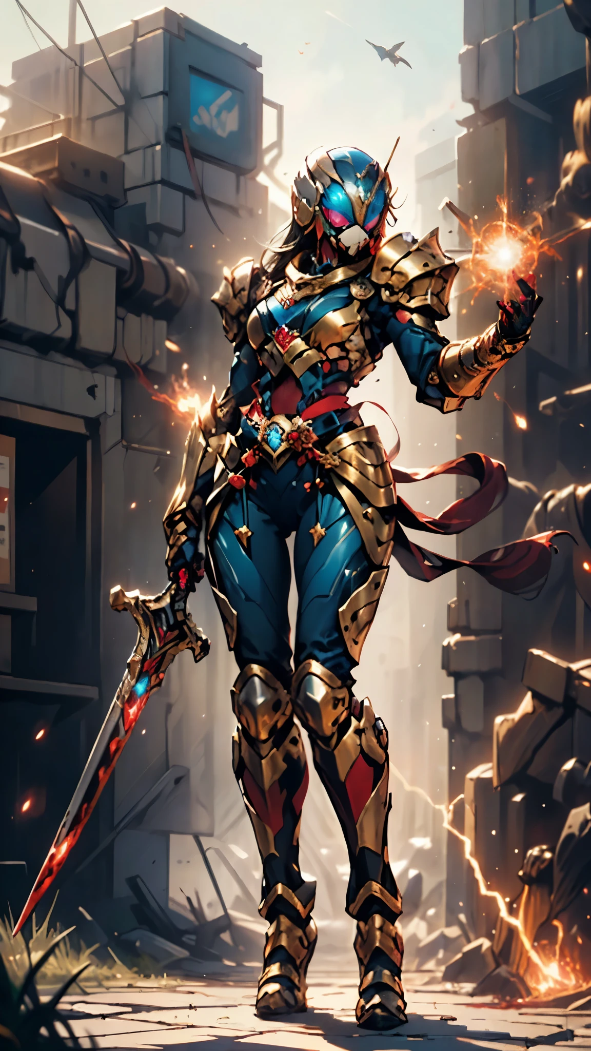 A woman adorned in fantasy-style full-body armor, a crown-concept fully enclosed helmet that unveils only her eyes, a composite layered chest plate, fully encompassing shoulder and hand guards, a lightweight waist armor, form-fitting shin guards, the overall design is heavy-duty yet flexible, ((the armor gleams with a golden glow, complemented by red and blue accents)), exhibiting a noble aura, she floats above a fantasy-surreal high-tech city, this character embodies a finely crafted fantasy-surreal style armored hero in anime style, exquisite and mature manga art style, (mixture of Queen bee and Spider concept Armor, plasma, blood), ((Element, energy, elegant, goddess, femminine:1.5)), metallic, high definition, best quality, highres, ultra-detailed, ultra-fine painting, extremely delicate, professional, anatomically correct, symmetrical face, extremely detailed eyes and face, high quality eyes, creativity, RAW photo, UHD, 32k, Natural light, cinematic lighting, masterpiece-anatomy-perfect, masterpiece:1.5