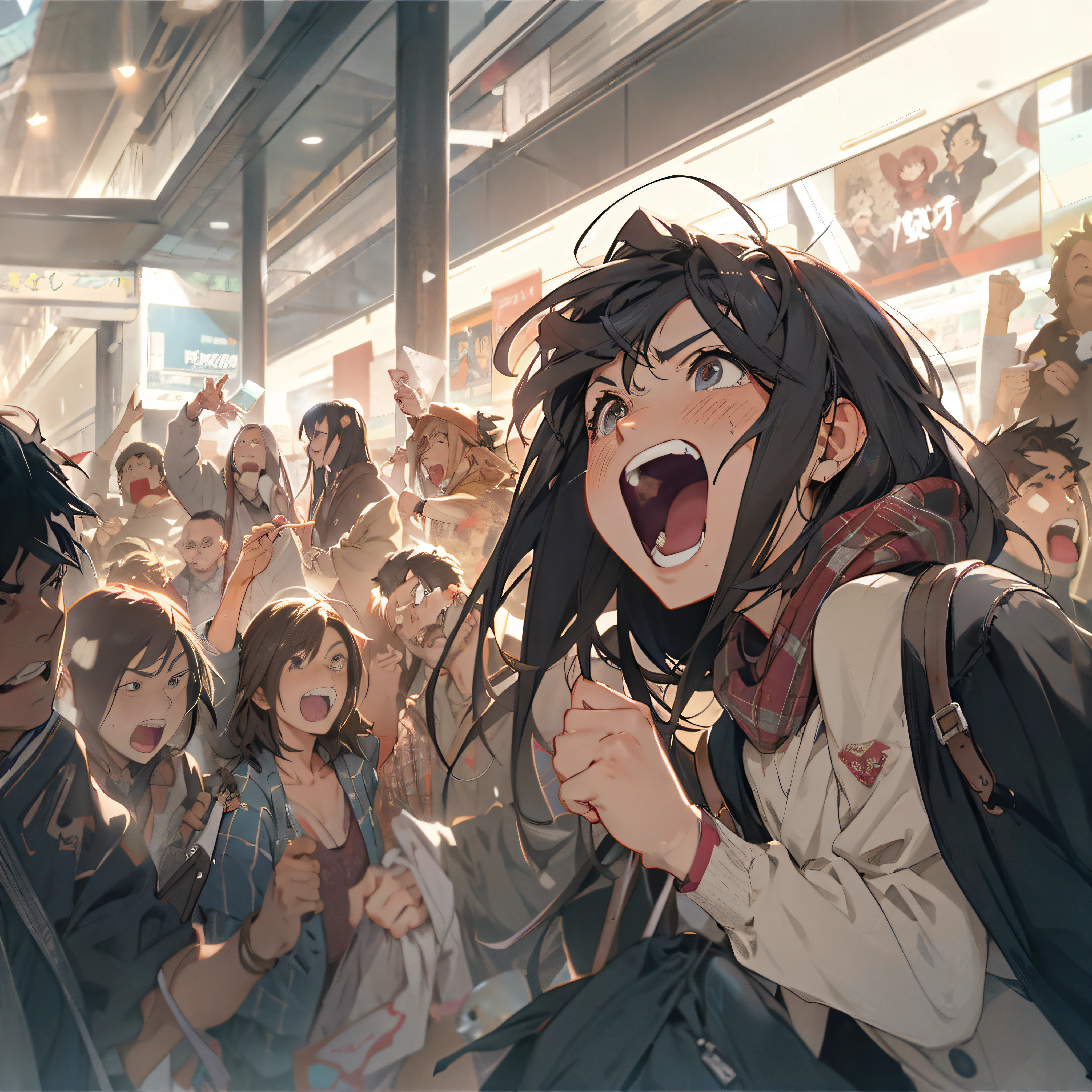 Anime characters standing in crowded places，The crowd was bustling, expressing fear