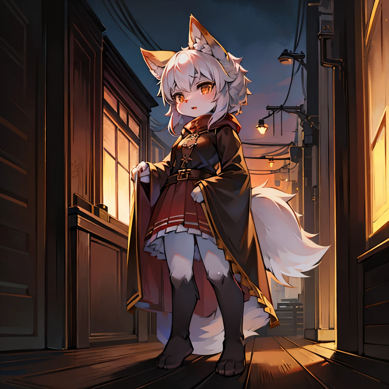 wolf girl,female focus,Furry women,Characteristics of a three-year-old girl,Furry loli,long sleeves,short skirt,Standing posture