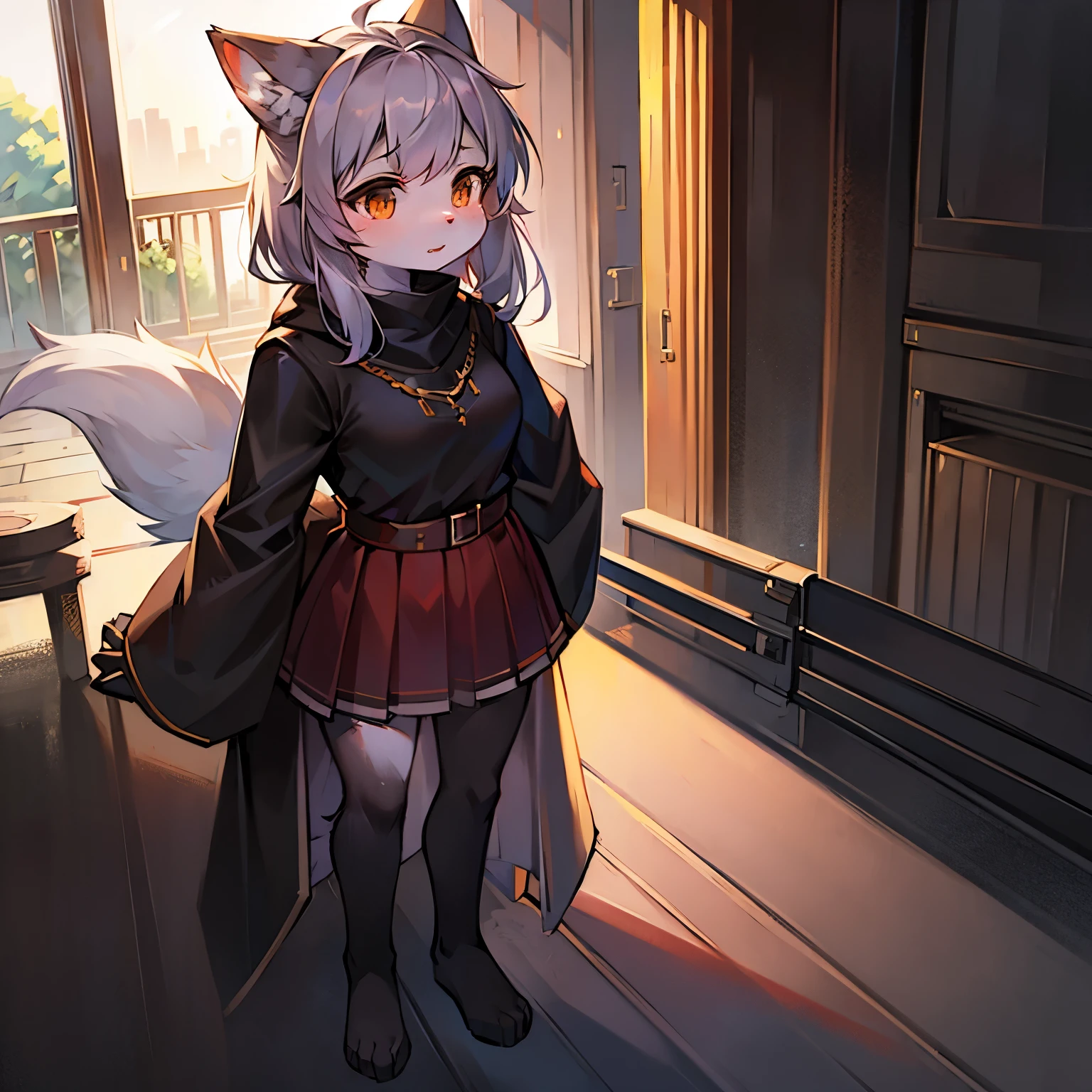 wolf girl，female focus，Furry women，Characteristics of a three-year-old girl，Furry loli，long sleeves，short skirt，Standing posture