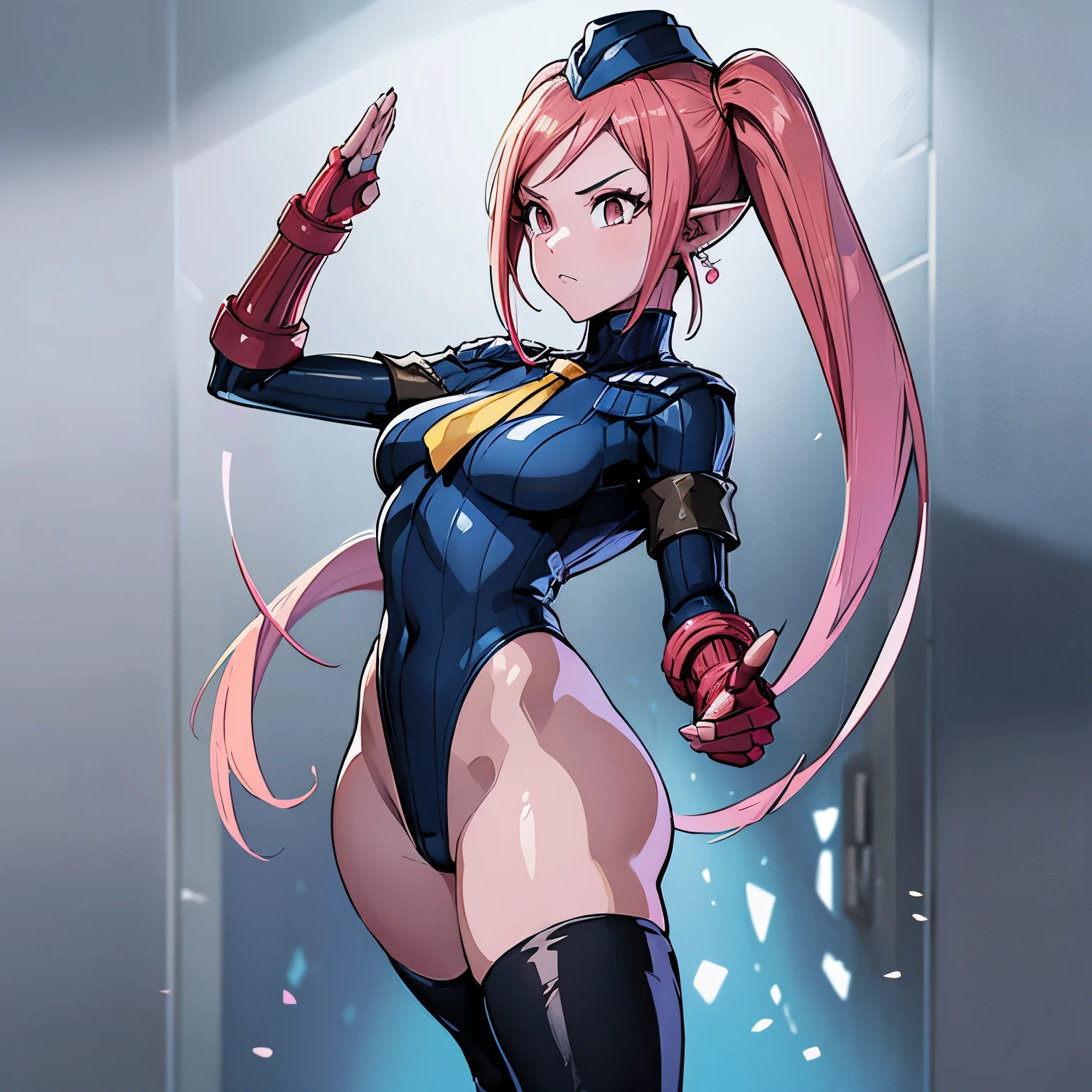 ultra-detailed, Explicit, Beautiful body, Beautiful Nose, Beautiful character design, perfect eyes, perfect face, ultra highres, 4K, beautiful legs, perfect legs, Nice hands, Perfect hand, Masterpiece, Best Quality, Highly detailed, illustration, absurdres, perfect anatomy, street fighter, doll suit, shadaloo doll, dollsuit, expressionless, blank eyes, looking at viewer, red gloves, emotionless, black latex, corrution, mind control, female combatant, full body, hypnotized, unhappy trance, full body suit, ribbed bodysuit, both arms at side, obey, perfect female body, extremely glossy latex, hypnosis, hypnoLora, empty eyes, Mind control device, poses, submissive_pose, Slave, standing straight, standing, standing at attention, hat, necktie, belt, latex, ribbed bodysuit, thighhighs, garter belt, Fighting Stance, extending the right arm from the shoulder into the air with a straightened hand, military, thigh boots, 1girl, hair ornaments, pink hair, long hair, black eyes, (((pixel-perfect, detail-perfect))), solo, 1girl, Chronoa, Dragon Ball, POINTY EARS, COLORED SKIN, PINK SKIN, 