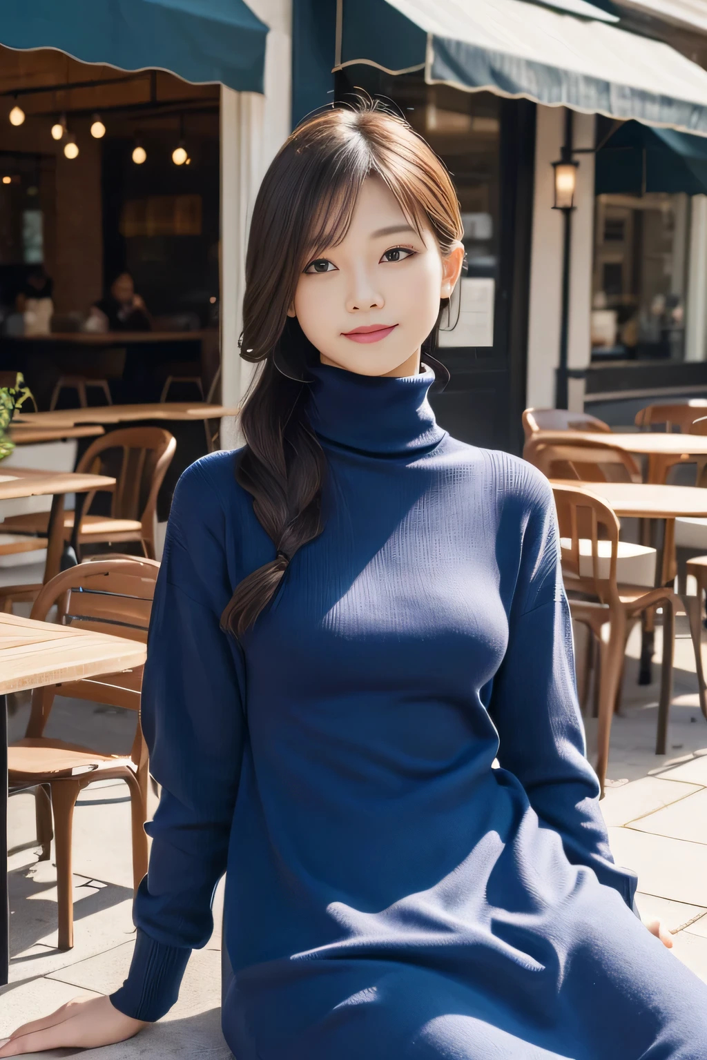 (Please sit in front of the cafe:1.4),highest quality, 1 girl, (skin dents), (slender model:1.2), (blur background:0.6), (street:1.2), (people々々, crowd of:1), garden, Day, outdoors, (casual fashion, elegant fabric, turtleneck dress:1.5), nice, (random hairstyle:1.2), (floating hair:1.2), (dynamic pose:1.2), soft lighting, Wind, (front light:1.5), compensate,(natural smile:1.2)
