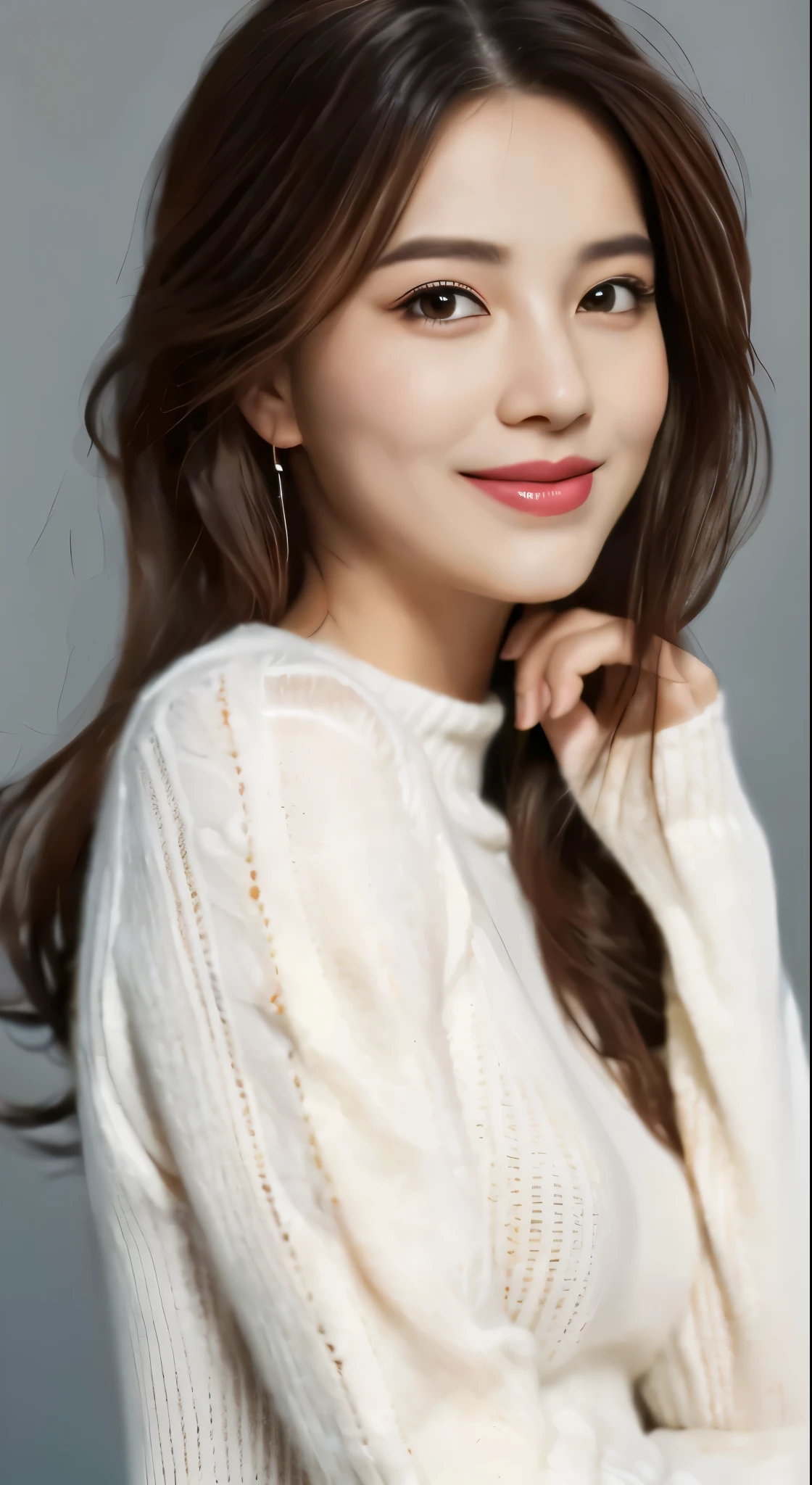 (best quality,illustration,Super detailed,fine details,high resolution,8k wallpaper,perfect composition,Beautiful and delicate eyes,long sleeve sweater,hair slightly longer,Natural bust,natural lip color,Casual and sexy pose,smiling,35 year old girl, (whole body),looking at camera,Displays the entire head)