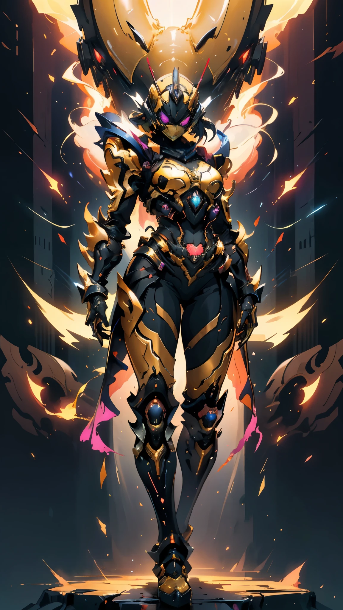 A woman adorned in fantasy-style full-body armor, a crown-concept fully enclosed helmet that unveils only her eyes, a composite layered chest plate, fully encompassing shoulder and hand guards, a lightweight waist armor, form-fitting shin guards, the overall design is heavy-duty yet flexible, ((the armor gleams with a golden glow, complemented by red and blue accents)), exhibiting a noble aura, she floats above a fantasy-surreal high-tech city, this character embodies a finely crafted fantasy-surreal style armored hero in anime style, exquisite and mature manga art style, (mixture of Queen bee and Spider concept Armor, plasma, blood), ((Element, energy, elegant, goddess, femminine:1.5)), metallic, high definition, best quality, highres, ultra-detailed, ultra-fine painting, extremely delicate, professional, anatomically correct, symmetrical face, extremely detailed eyes and face, high quality eyes, creativity, RAW photo, UHD, 32k, Natural light, cinematic lighting, masterpiece-anatomy-perfect, masterpiece:1.5
