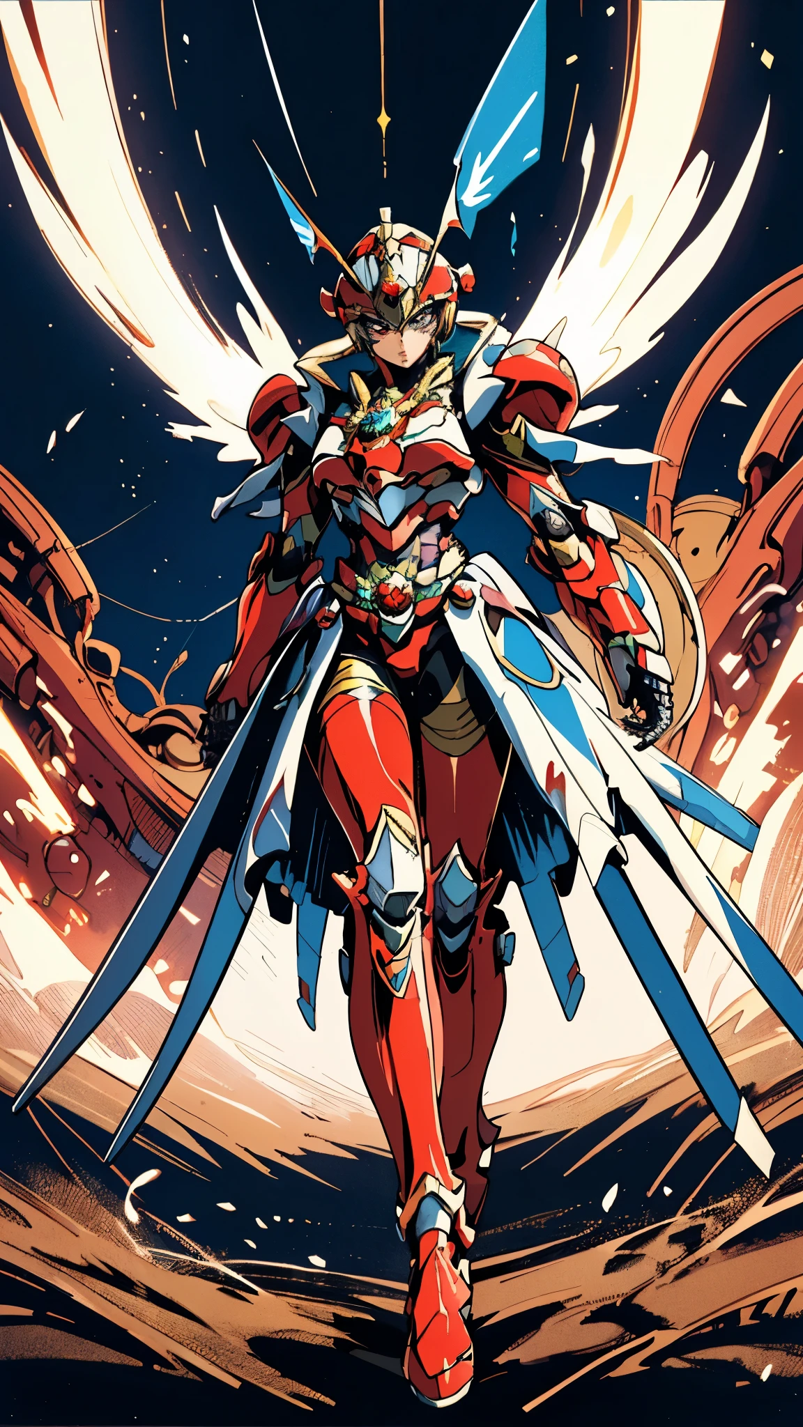 A woman adorned in fantasy-style full-body armor, a crown-concept fully enclosed helmet that unveils only her eyes, a composite layered chest plate, fully encompassing shoulder and hand guards, a lightweight waist armor, form-fitting shin guards, the overall design is heavy-duty yet flexible, ((the armor gleams with a golden glow, complemented by red and blue accents)), exhibiting a noble aura, she floats above a fantasy-surreal high-tech city, this character embodies a finely crafted fantasy-surreal style armored hero in anime style, exquisite and mature manga art style, (mixture of Queen bee and Spider concept Armor, plasma, blood), ((Element, energy, elegant, goddess, femminine:1.5)), metallic, high definition, best quality, highres, ultra-detailed, ultra-fine painting, extremely delicate, professional, anatomically correct, symmetrical face, extremely detailed eyes and face, high quality eyes, creativity, RAW photo, UHD, 32k, Natural light, cinematic lighting, masterpiece-anatomy-perfect, masterpiece:1.5