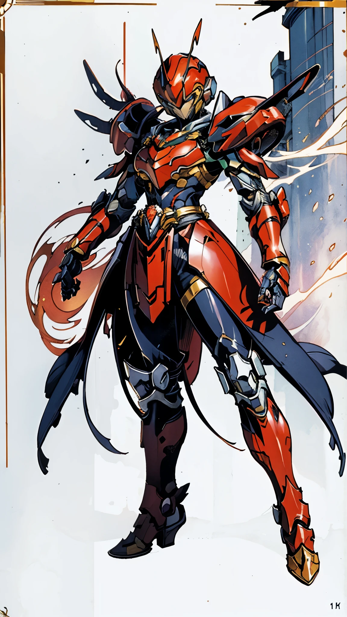 A woman adorned in fantasy-style full-body armor, a crown-concept fully enclosed helmet that unveils only her eyes, a composite layered chest plate, fully encompassing shoulder and hand guards, a lightweight waist armor, form-fitting shin guards, the overall design is heavy-duty yet flexible, ((the armor gleams with a golden glow, complemented by red and blue accents)), exhibiting a noble aura, she floats above a fantasy-surreal high-tech city, this character embodies a finely crafted fantasy-surreal style armored hero in anime style, exquisite and mature manga art style, (mixture of Queen bee and Spider concept Armor, plasma, blood), ((Element, energy, elegant, goddess, femminine:1.5)), metallic, high definition, best quality, highres, ultra-detailed, ultra-fine painting, extremely delicate, professional, anatomically correct, symmetrical face, extremely detailed eyes and face, high quality eyes, creativity, RAW photo, UHD, 32k, Natural light, cinematic lighting, masterpiece-anatomy-perfect, masterpiece:1.5