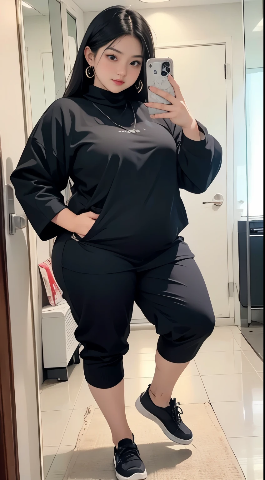 Wanita chubby dengan memakai gaun model turtleneck, pipi tebal chubby, leher tebal, payudara besar, lengan tebal chubby, ketiak basah, kulit putih halus lembut, rambut pendek sebahu, belahan dada lebar, perut gemuk,, paha chubby... Memakai sepatu kets warna merah, full body, random poses front camera