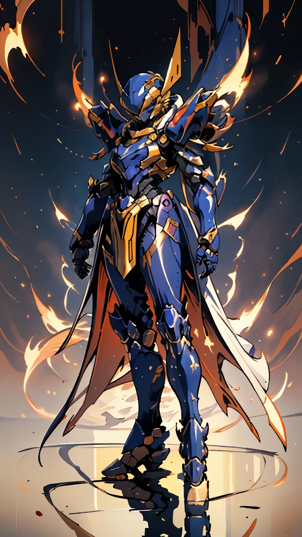 A woman adorned in fantasy-style full-body armor, a crown-concept fully enclosed helmet that unveils only her eyes, a composite layered chest plate, fully encompassing shoulder and hand guards, a lightweight waist armor, form-fitting shin guards, the overall design is heavy-duty yet flexible, ((the armor gleams with a golden glow, complemented by red and blue accents)), exhibiting a noble aura, she floats above a fantasy-surreal high-tech city, this character embodies a finely crafted fantasy-surreal style armored hero in anime style, exquisite and mature manga art style, (mixture of Queen bee and Spider concept Armor, plasma, blood), ((Element, energy, elegant, goddess, femminine:1.5)), metallic, high definition, best quality, highres, ultra-detailed, ultra-fine painting, extremely delicate, professional, anatomically correct, symmetrical face, extremely detailed eyes and face, high quality eyes, creativity, RAW photo, UHD, 32k, Natural light, cinematic lighting, masterpiece-anatomy-perfect, masterpiece:1.5