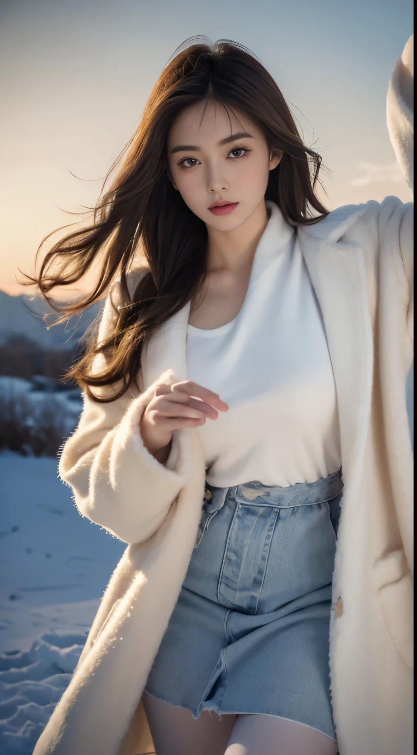 ((tmasterpiece, 32K,8K,the wallpaper, A high resolution, absurd res,RAW photogr,)),(realisticlying:1.5),(light),(detailed finger),(highdetailskin:1.retty eyes),1个Giant Breast Girl,Alone, Winters, yuki, fur collar trench coat, high-necksweater, mini-skirts, lacepantyhose,(Huge grabbed),twilight,rosy clouds,the wind,Hair flying,