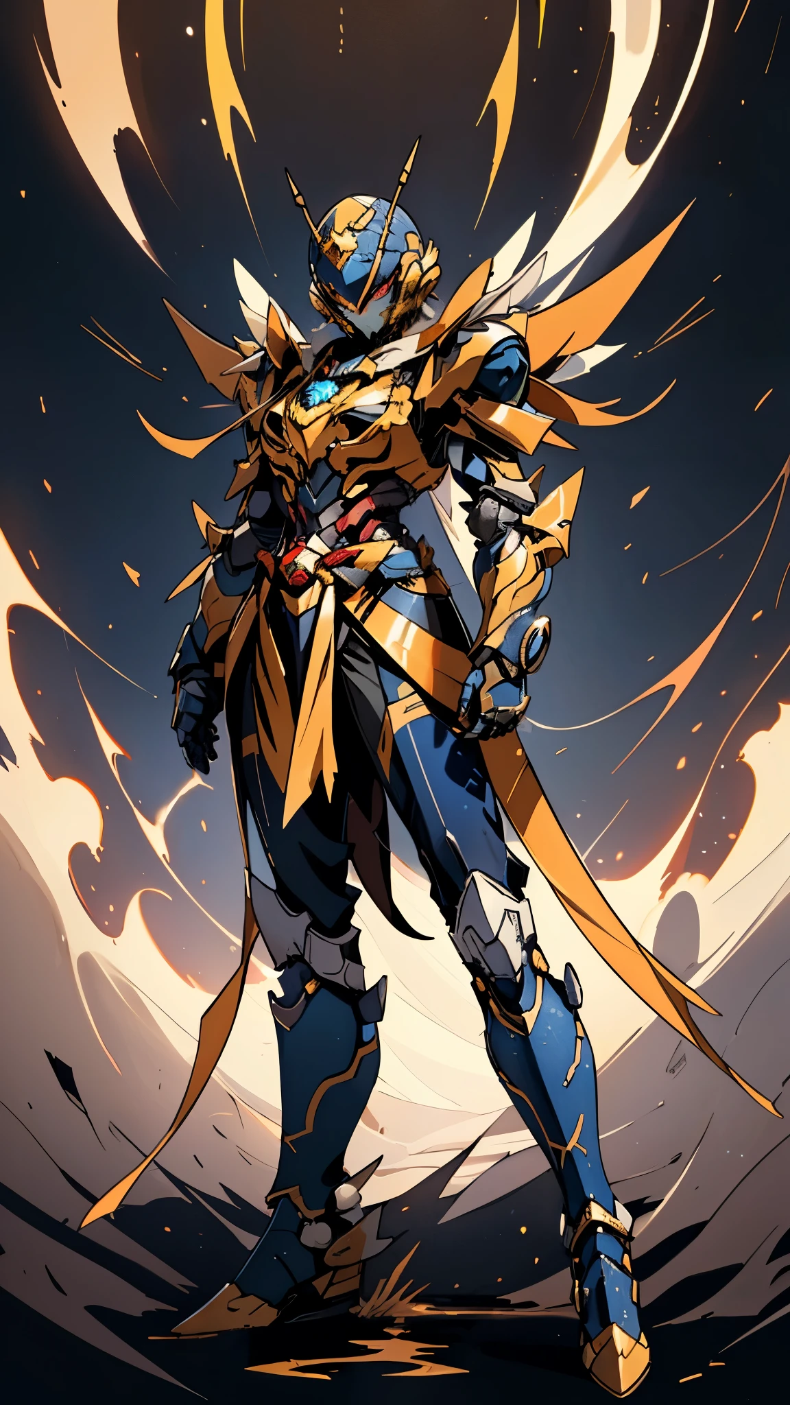 A woman adorned in fantasy-style full-body armor, a crown-concept fully enclosed helmet that unveils only her eyes, a composite layered chest plate, fully encompassing shoulder and hand guards, a lightweight waist armor, form-fitting shin guards, the overall design is heavy-duty yet flexible, ((the armor gleams with a golden glow, complemented by red and blue accents)), exhibiting a noble aura, she floats above a fantasy-surreal high-tech city, this character embodies a finely crafted fantasy-surreal style armored hero in anime style, exquisite and mature manga art style, (mixture of Queen bee and Spider concept Armor, plasma, blood), ((Element, energy, elegant, goddess, femminine:1.5)), metallic, high definition, best quality, highres, ultra-detailed, ultra-fine painting, extremely delicate, professional, anatomically correct, symmetrical face, extremely detailed eyes and face, high quality eyes, creativity, RAW photo, UHD, 32k, Natural light, cinematic lighting, masterpiece-anatomy-perfect, masterpiece:1.5