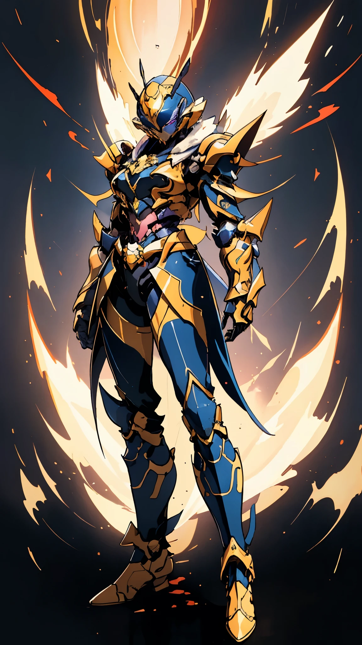 A woman adorned in fantasy-style full-body armor, a crown-concept fully enclosed helmet that unveils only her eyes, a composite layered chest plate, fully encompassing shoulder and hand guards, a lightweight waist armor, form-fitting shin guards, the overall design is heavy-duty yet flexible, ((the armor gleams with a golden glow, complemented by red and blue accents)), exhibiting a noble aura, she floats above a fantasy-surreal high-tech city, this character embodies a finely crafted fantasy-surreal style armored hero in anime style, exquisite and mature manga art style, (mixture of Queen bee and Spider concept Armor, plasma, blood), ((Element, energy, elegant, goddess, femminine:1.5)), metallic, high definition, best quality, highres, ultra-detailed, ultra-fine painting, extremely delicate, professional, anatomically correct, symmetrical face, extremely detailed eyes and face, high quality eyes, creativity, RAW photo, UHD, 32k, Natural light, cinematic lighting, masterpiece-anatomy-perfect, masterpiece:1.5