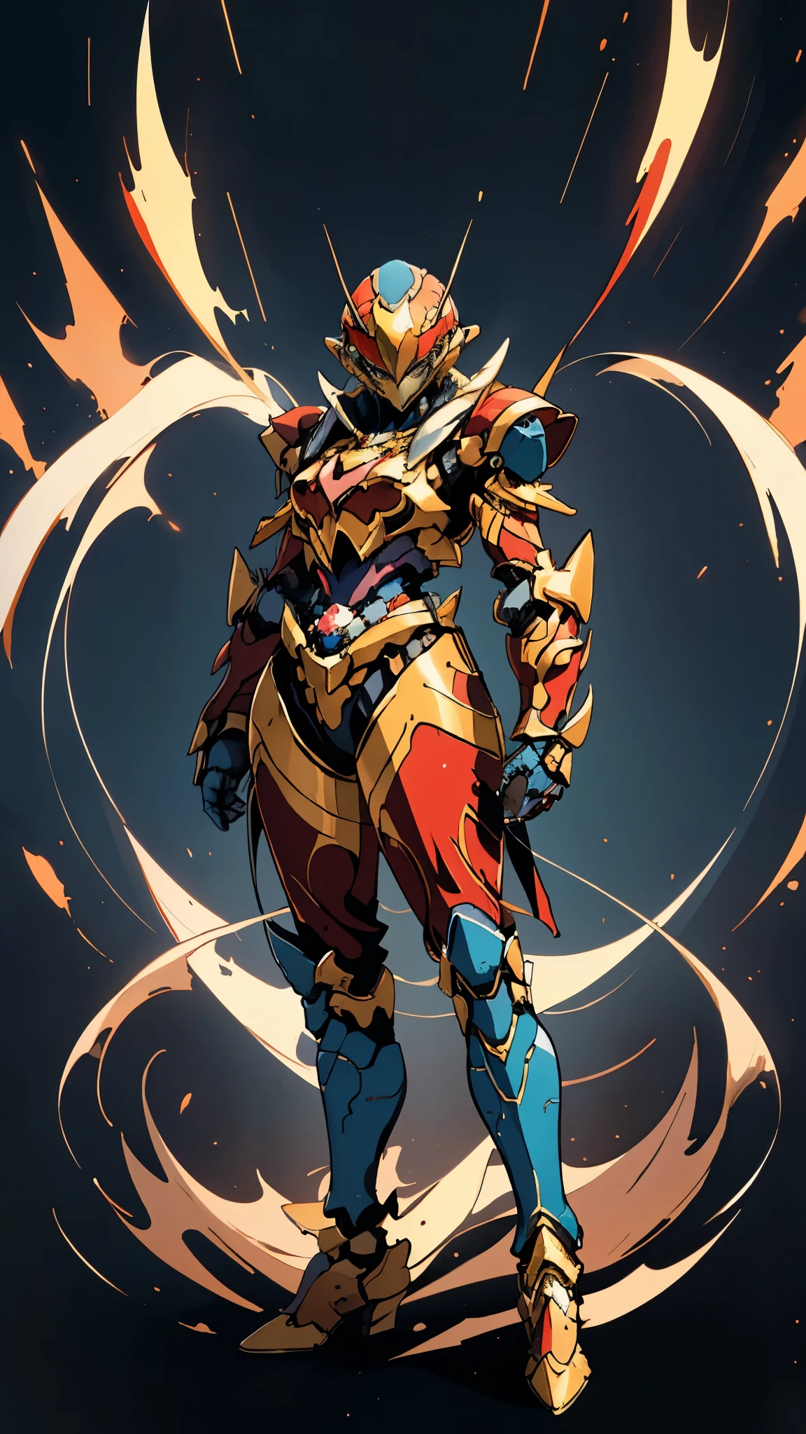 A woman adorned in fantasy-style full-body armor, a crown-concept fully enclosed helmet that unveils only her eyes, a composite layered chest plate, fully encompassing shoulder and hand guards, a lightweight waist armor, form-fitting shin guards, the overall design is heavy-duty yet flexible, ((the armor gleams with a golden glow, complemented by red and blue accents)), exhibiting a noble aura, she floats above a fantasy-surreal high-tech city, this character embodies a finely crafted fantasy-surreal style armored hero in anime style, exquisite and mature manga art style, (mixture of Queen bee and Spider concept Armor, plasma, blood), ((Element, energy, elegant, goddess, femminine:1.5)), metallic, high definition, best quality, highres, ultra-detailed, ultra-fine painting, extremely delicate, professional, anatomically correct, symmetrical face, extremely detailed eyes and face, high quality eyes, creativity, RAW photo, UHD, 32k, Natural light, cinematic lighting, masterpiece-anatomy-perfect, masterpiece:1.5