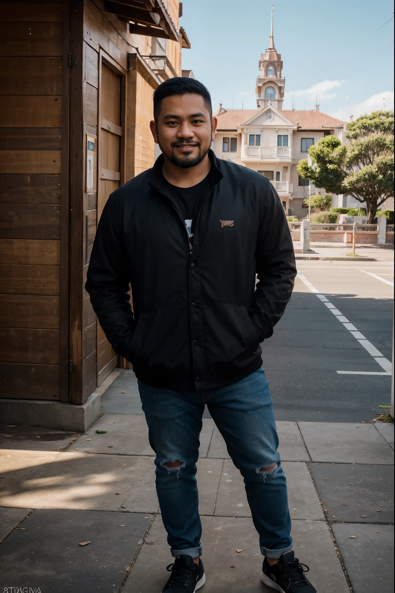 Generate IMG, ((8K, RAW Photo, Photography, Photorealistic, Highest Quality, Intricate Detailed)), Long shot of a 33 year old indonesian man, stubble beard face, chubby body, oval shape, crew cut hair style, wearing a black parca jacket, black ripped jeans, black shoes, smiling, eye to camera, standing in Golden Gate San Francisco view and background. 800mm lens, realistic, hyperrealistic, photography, professional photography, HDR photo, focus photo, deep focus, very detailed, nature photo, masterpiece, award winning, Bright color, taken with hasselblad x2d