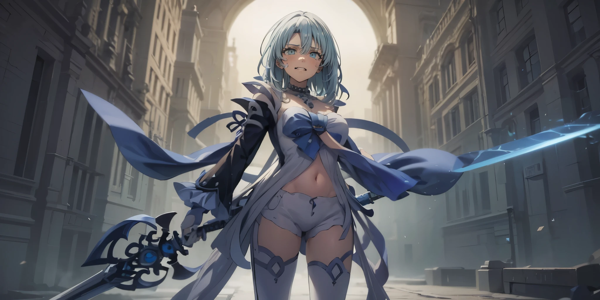 sentouinsnow, blue hair, long hair, blue eyes, large breasts, 1girl, holding, sword, solo, blue_eyes, holding_weapon, short_hair, holding_sword, outfit-kokomi, white shorts, white thighhighs, detached sleeves, frills, bow, navel, standing, dual_wielding, closed_mouth, glowing, bangs, gloves, earrings, looking_at_viewer, glowing_weapon, "glow effects, godrays, Hand drawn, render, 8k, octane render, cinema 4d, blender, dark, atmospheric 4k ultra detailed, cinematic, Sharp focus, big depth of field, Masterpiece, colors, 3d octane render, 4k, concept art, trending on artstation, hyperrealistic, Vivid colors, extremely detailed CG unity 8k wallpaper, trending on CGSociety, Intricate, High Detail, dramatic", anime coloring, anime screencap, sweating, steaming body, fog