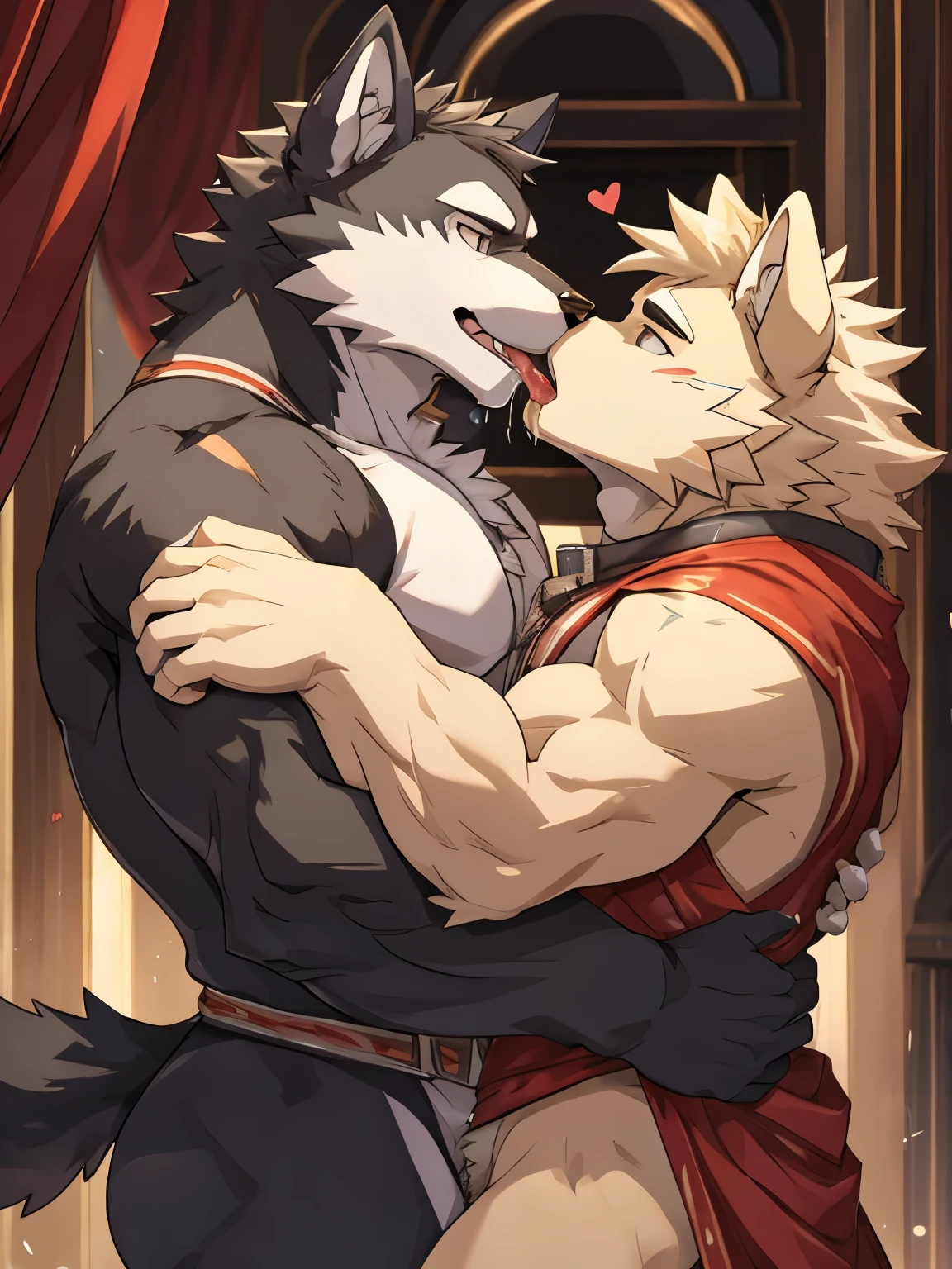 wolf, kemono, bara, licking, duo, kissing, saliva, arm hug, portrait, <3