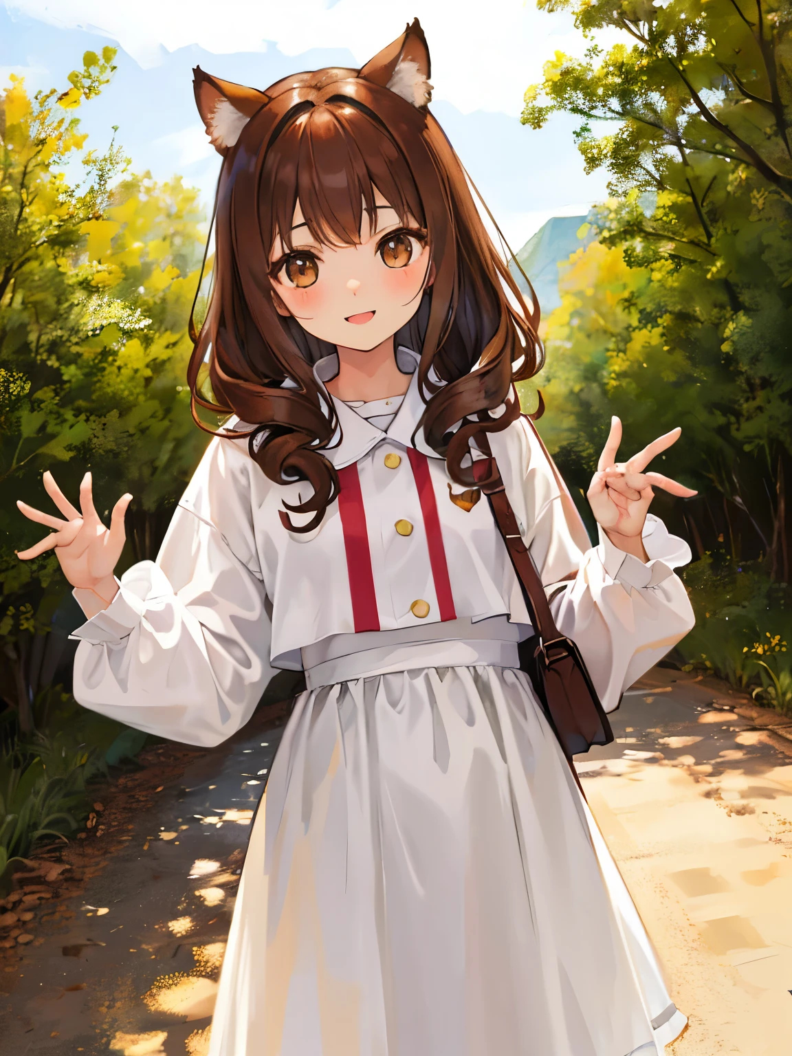 1 female、brown hair、getting a perm、brown eyes、smile、cat pose、Holding your hands out in front of you and curling them up、white clothes、brown fluffy outerwear、white skirt、desert、Upper body、looking at the viewer、Cat ear
