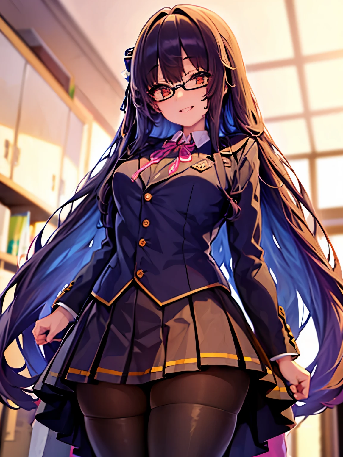 I&#39;m a high school girl，Her hair is long black and straight.。He looks tall。The chest is very huge and the style is quite good。She has a cute face and is smiling with glasses on.。The clothes are school uniforms with flashy designs and ribbons and decorations.。Skirt and tights are black。High school girl stands in the classroom。