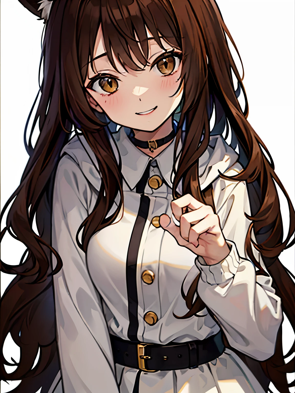 1 female、brown hair、getting a perm、brown eyes、smile、cat pose、Holding your hands out in front of you and curling them up、white clothes、brown fluffy outerwear、white skirt、desert、Upper body、looking at the viewer