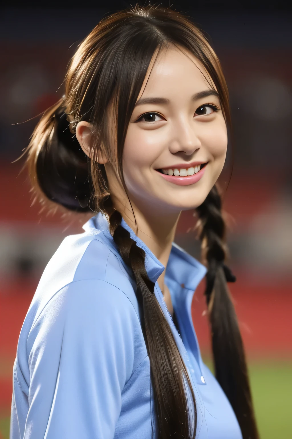 (8k、RAW photo、highest quality、masterpiece:1.2)、(realistic、realistic:1.37)、超A high resolution、photon mapping、Physically based rendering、1 girl、(brunette:1.3)、twin tails、detailed face、detailed eye、Are standing、look at the audience、(cute little smile:1.2)、(happiness)、Soothing and cute、(soccer stadium:1.2)、(evening:1.2)、Sweat pants、Open Sports Jacket、white t-shirt、big breasts