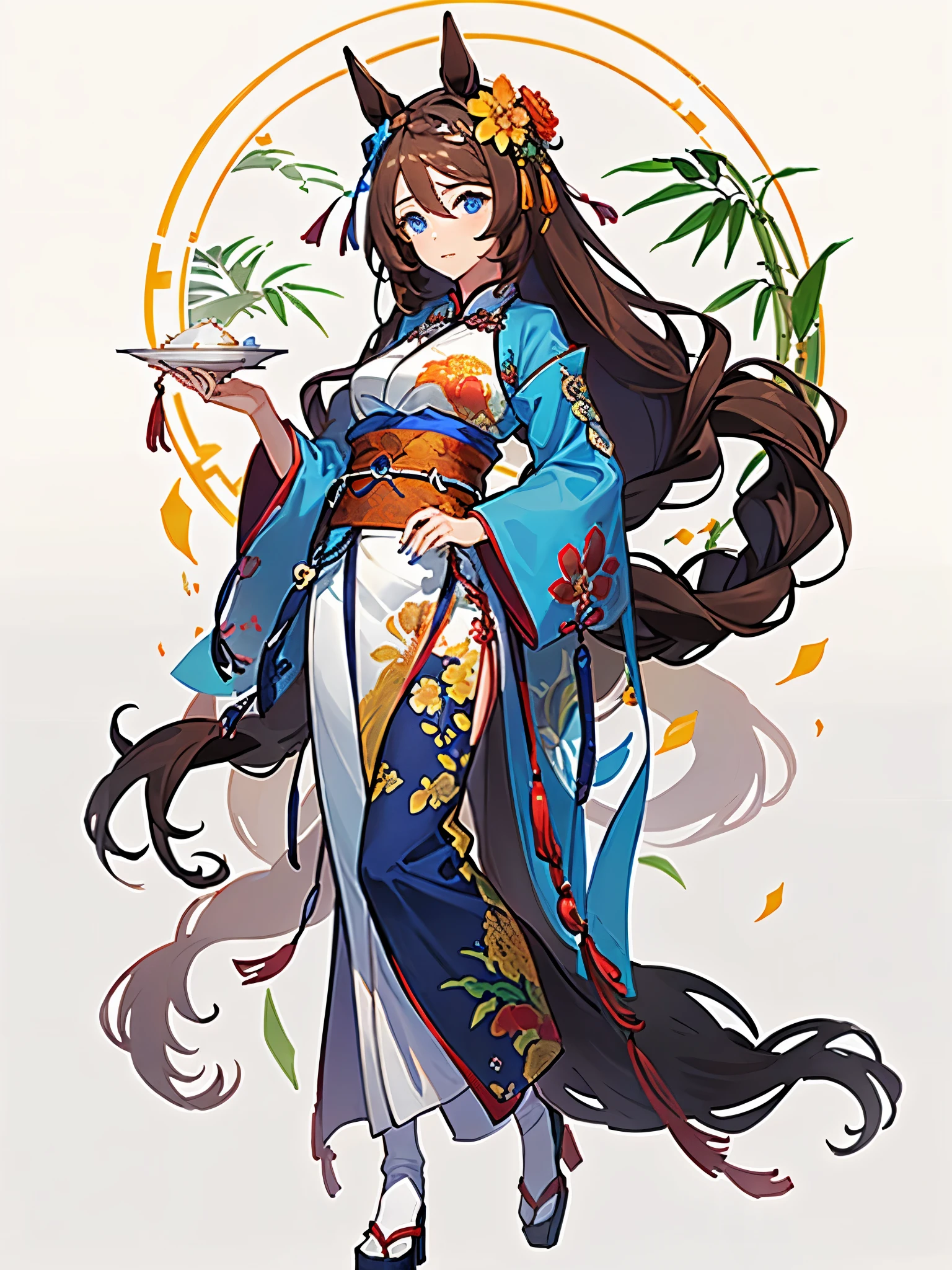 (Masterpiece:1.2)，Best quality，white backgrounid，Under bamboo leaves，(Ancient Chinese clothes，Hanfu)，((super creek \(umamusume\), sup3rcr33kh)), blue eyes, horse tail, horse girl,  purple nails，Pink and white clothes，facial closeups，big beatiful eyes，detailed face with，Flashy clothes，Wide_Sleeves，sash，flower，(Chinese Hanfu)，Dreamy，Onmyoji detailed art，A beautiful artwork illustration，Beautiful digital artwork，shoes，Footwear, China_dress, blue dress